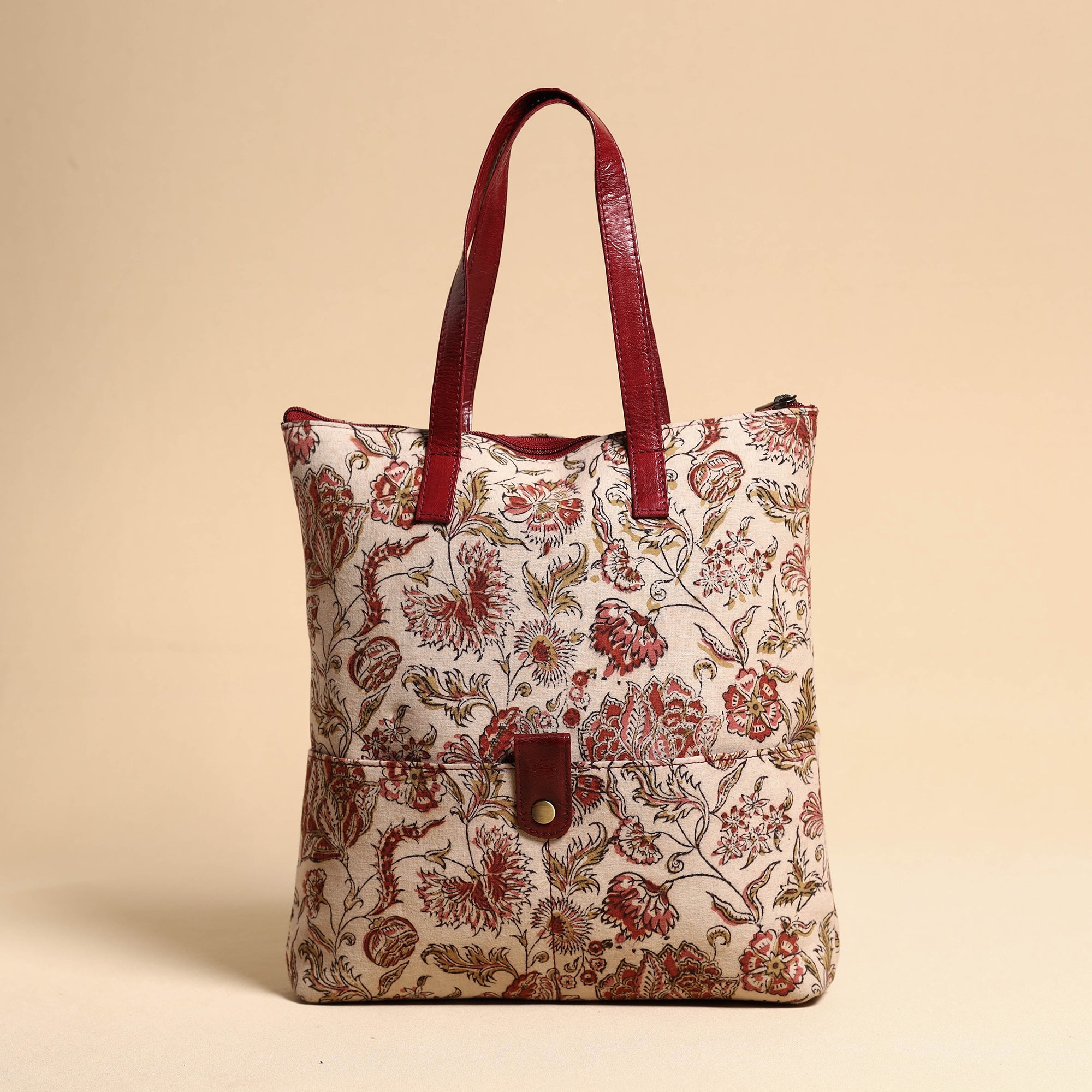 ASALKAAR Beige - Handcrafted Kalamkari Block Printed Hand Bag with Leather Handle