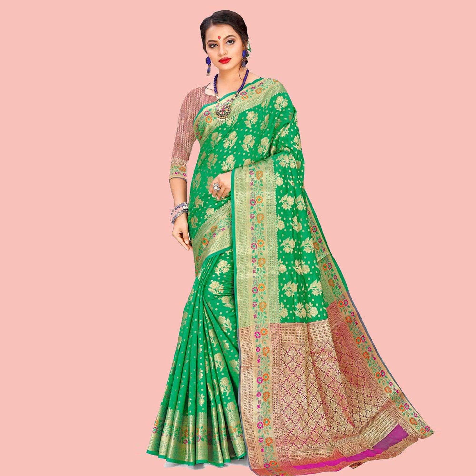 Peachmode Flamboyant Green Colored Festive Wear Woven Art Silk Saree