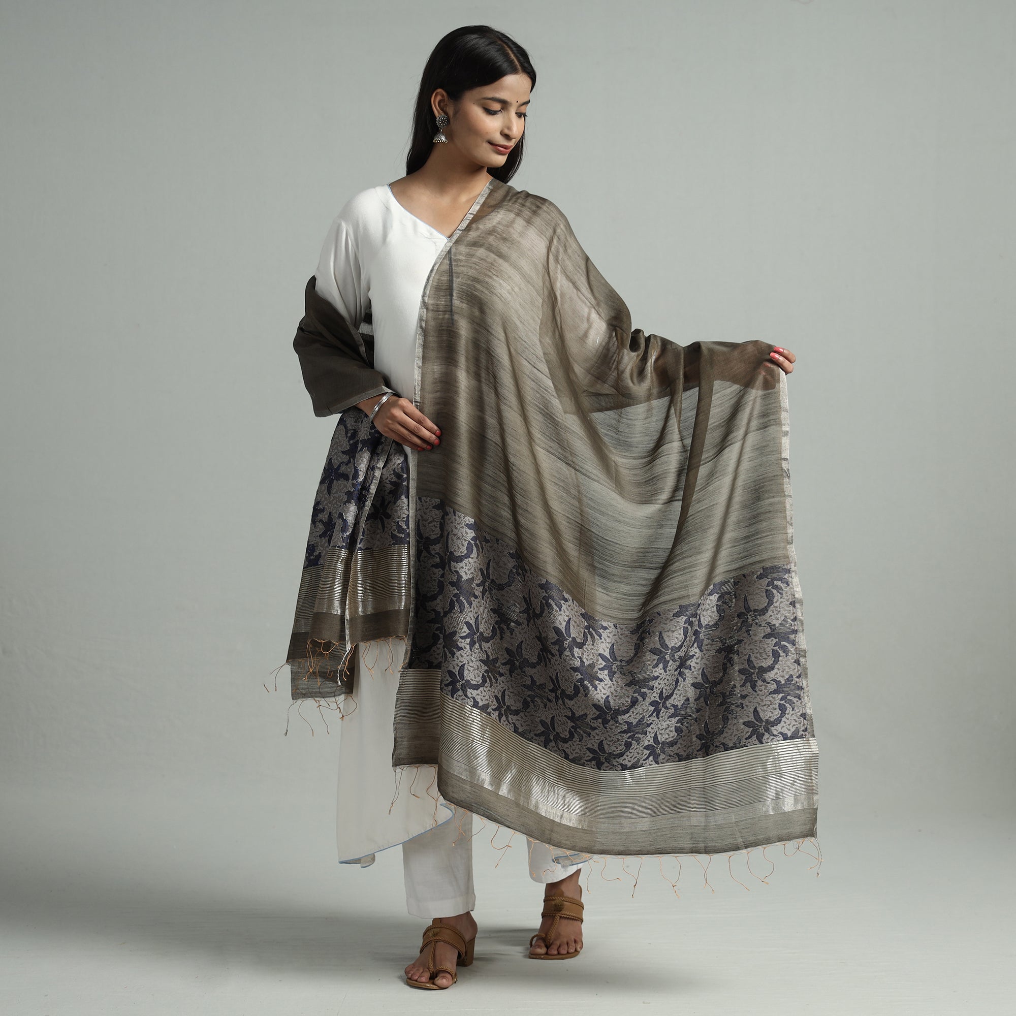 KHUSHBASH - HAPPY LOOM OF EAST Brown - Bengal Jamdani Handloom Katan Silk Dupatta with Tassels 18