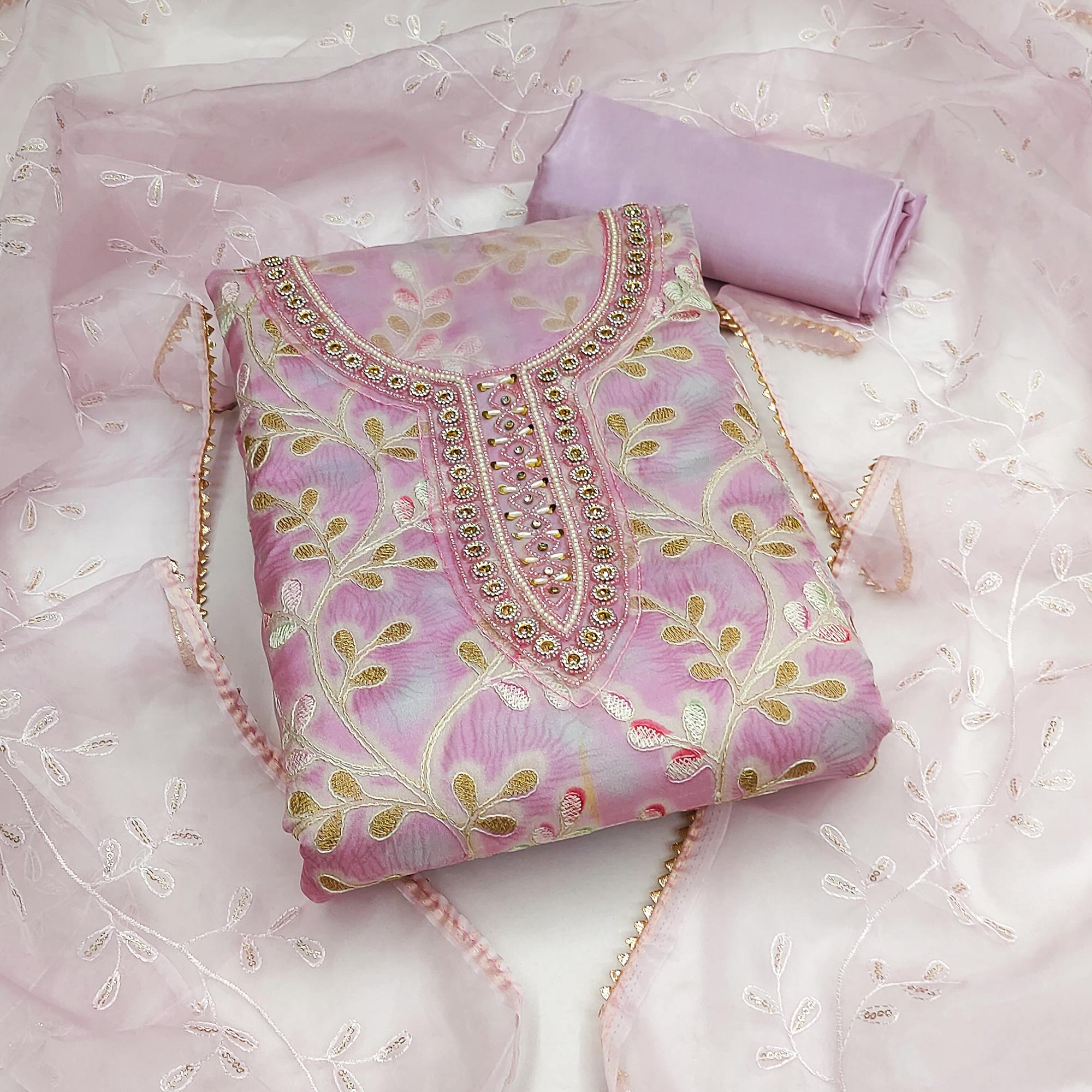 Peachmode Light Purple Embroidered Organza Dress Material