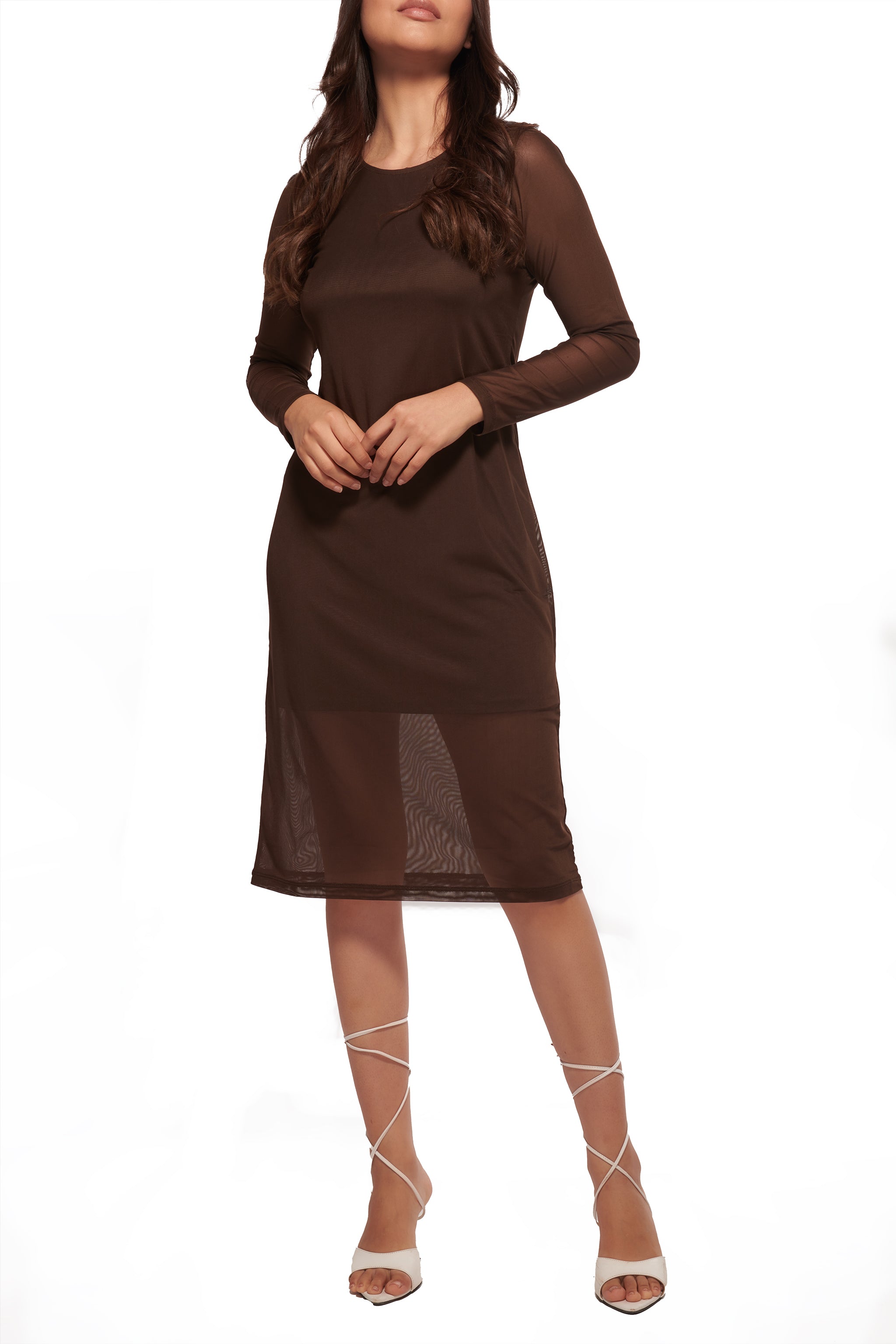 Normcore Brown Mesh Layered Midi Dress - view 2