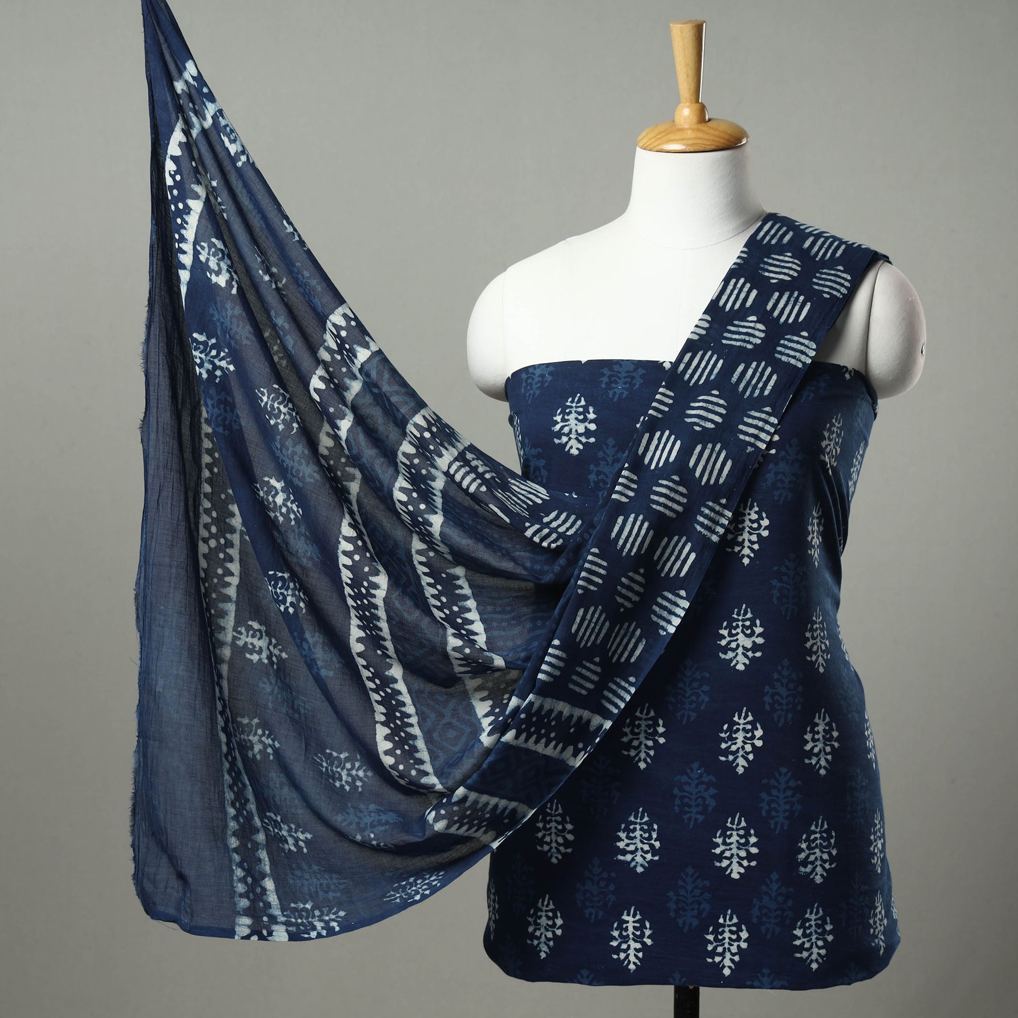 ARTISAN HAND BLOCK PRINTS Blue - 3pc Indigo Bagru Block Print Cotton Dress Material Set 02