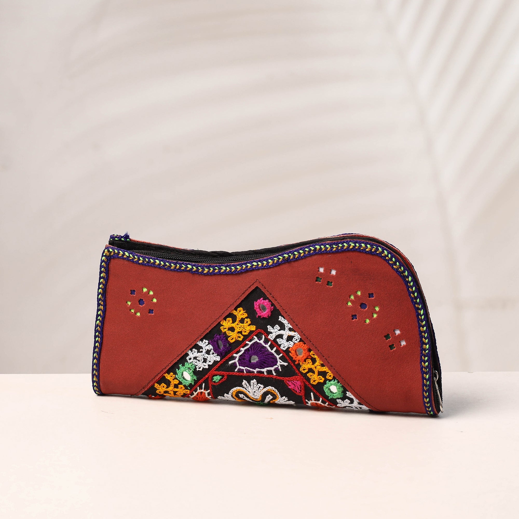 KACHCHH JI CHHAAP Brown - Handcrafted Kutch Embroidery Leather Clutch / Wallet