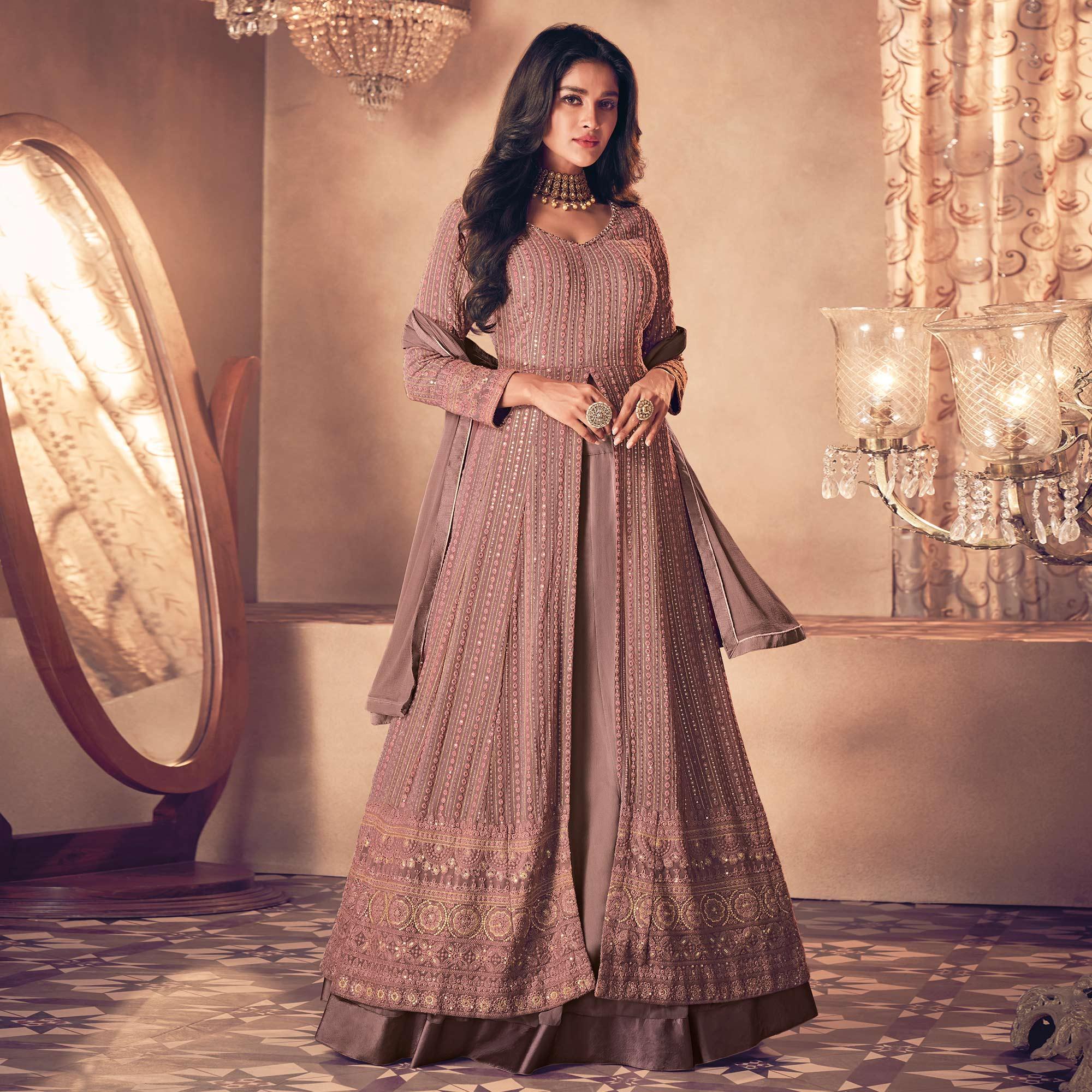 Peachmode Brown Partywear Embroidered Georgette Top Skirt Set