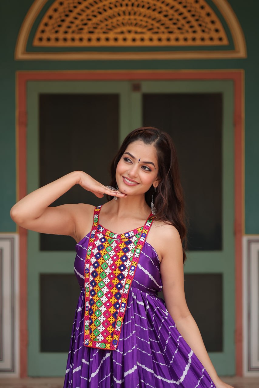 ClothsVilla Purple Graceful Leheriya Print Gown with Kutchi Patchwork - view 3
