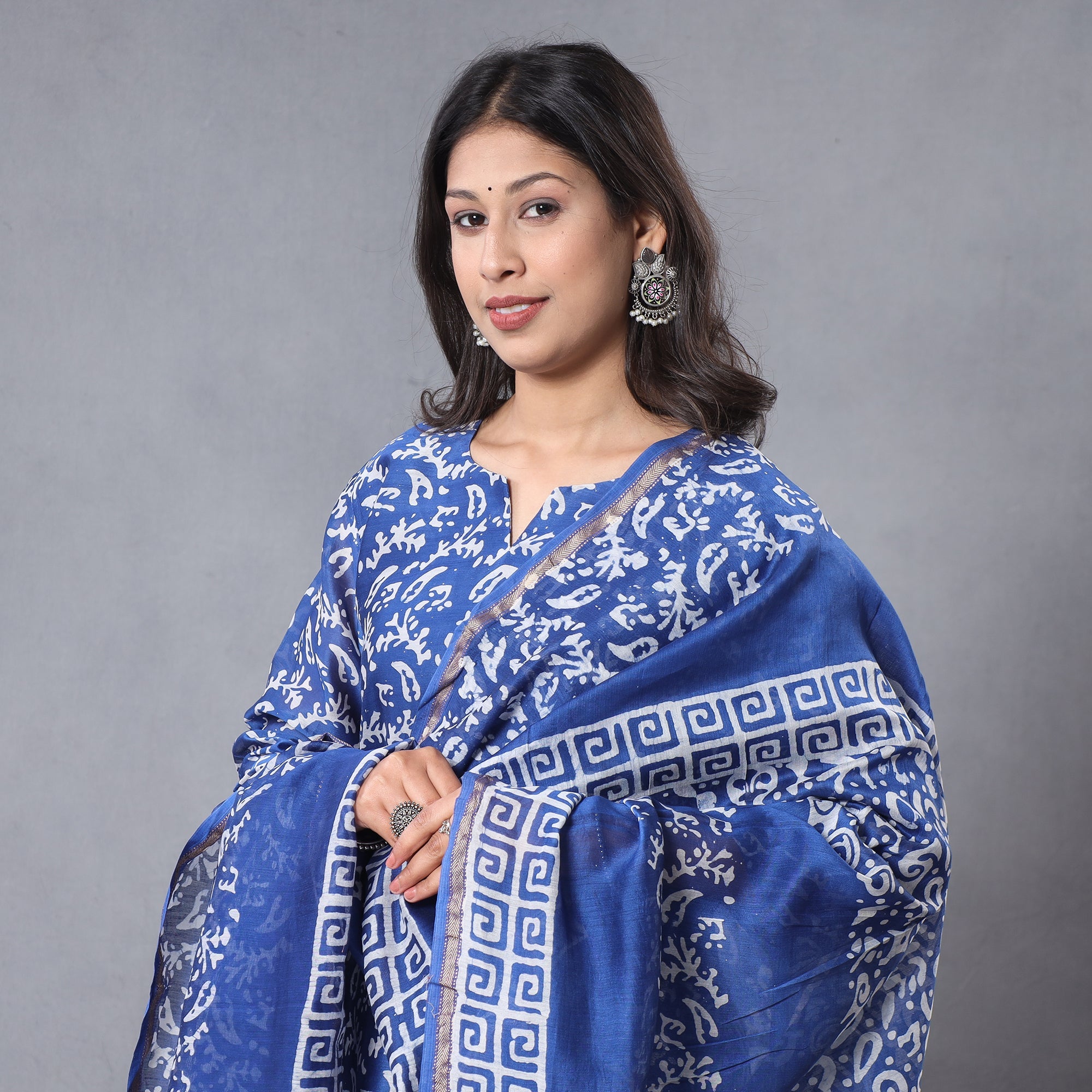 ITOKRI CASUALS Blue - Hand Batik Printing Chanderi Silk Kurta with Palazzo & Dupatta Set - view 2