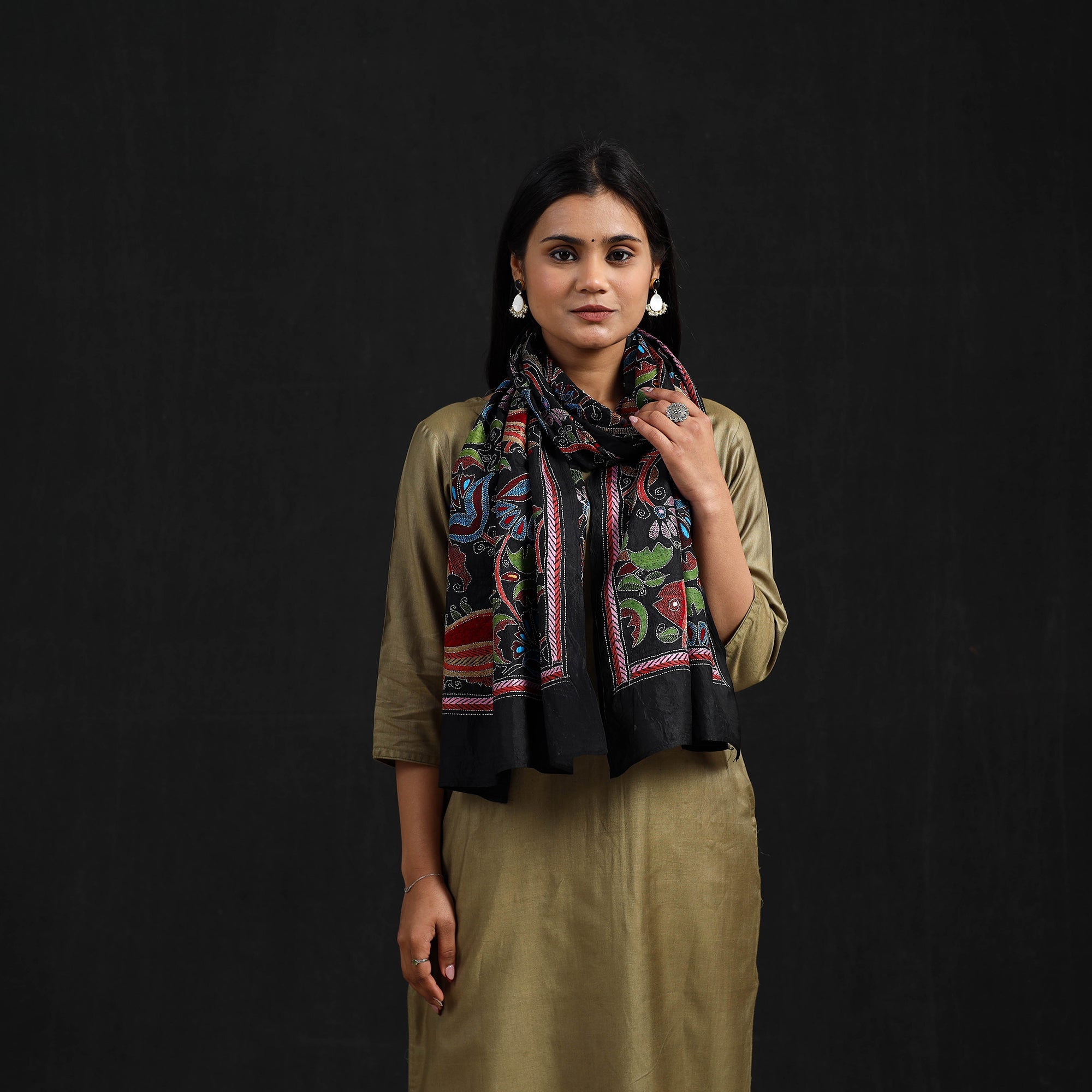 KHUSHBASH - HAPPY LOOM OF EAST Black - Handloom Silk Bengal Kantha Work Stole 24 - view 2