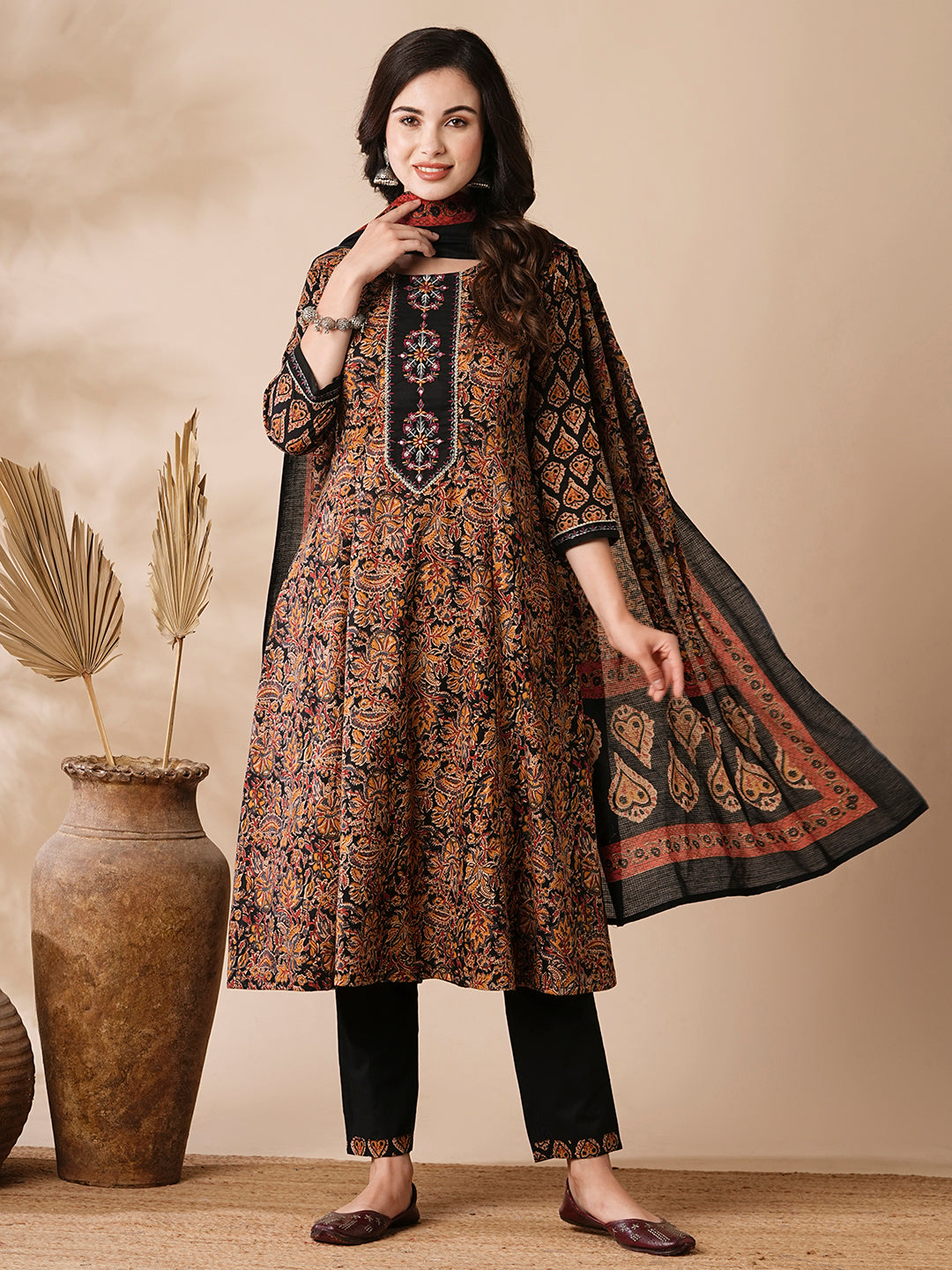 Fashor Floral Ethnic Printed & Embroidered Anarkali Kurta with Pant & Dupatta - Black