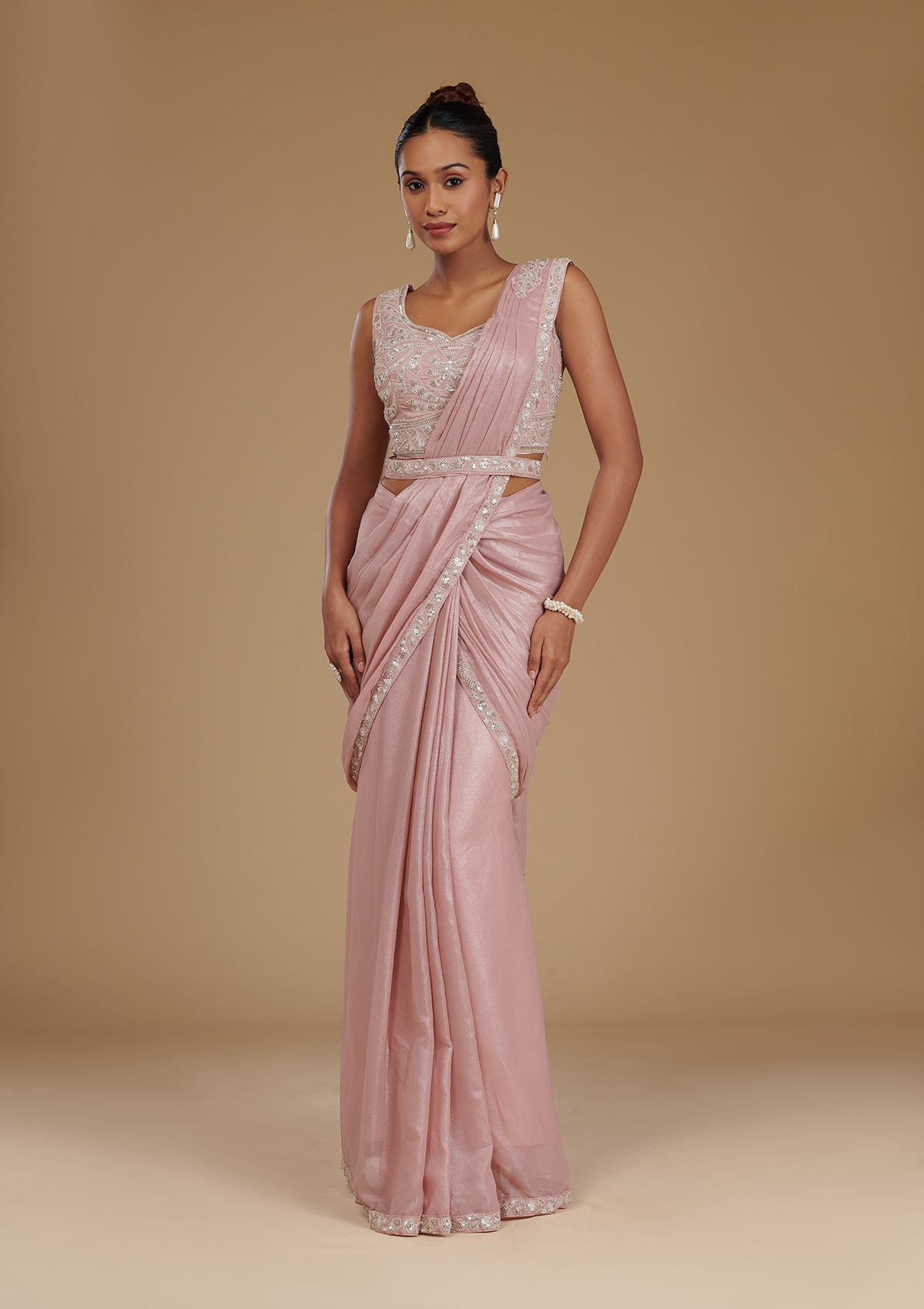 Koskii Peach Sequins Chiffon Readymade Saree – Women's - view 3