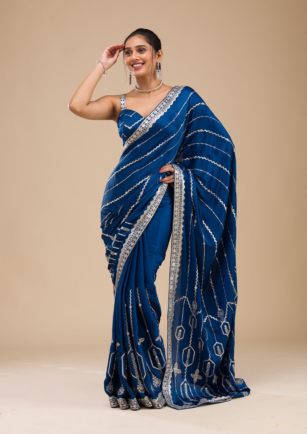 Koskii Peacock Blue Zariwork Satin Saree – Women's