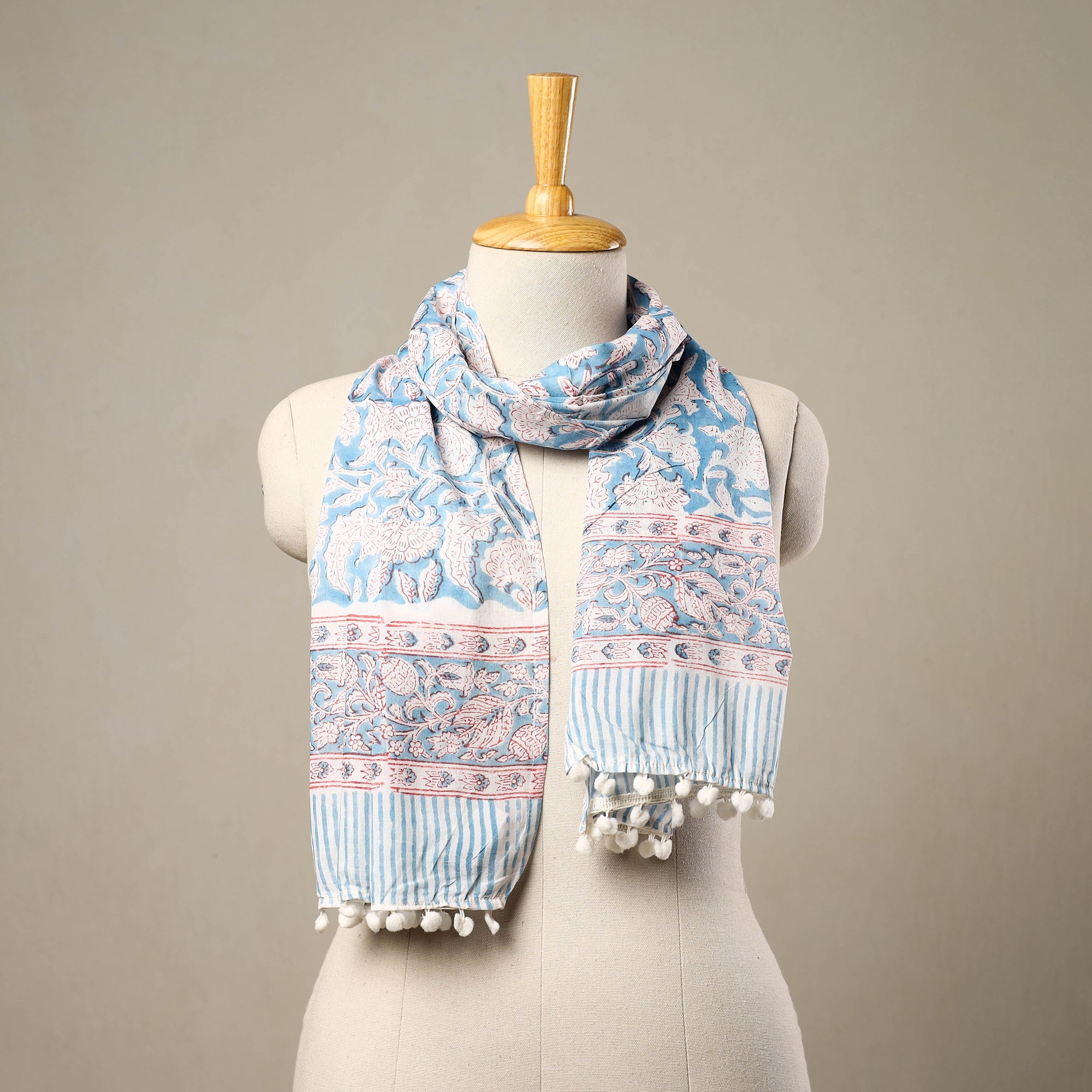 HAVELI CHRONICLES Blue - Block Print Cotton Sanganeri Stole with Pom Pom 13