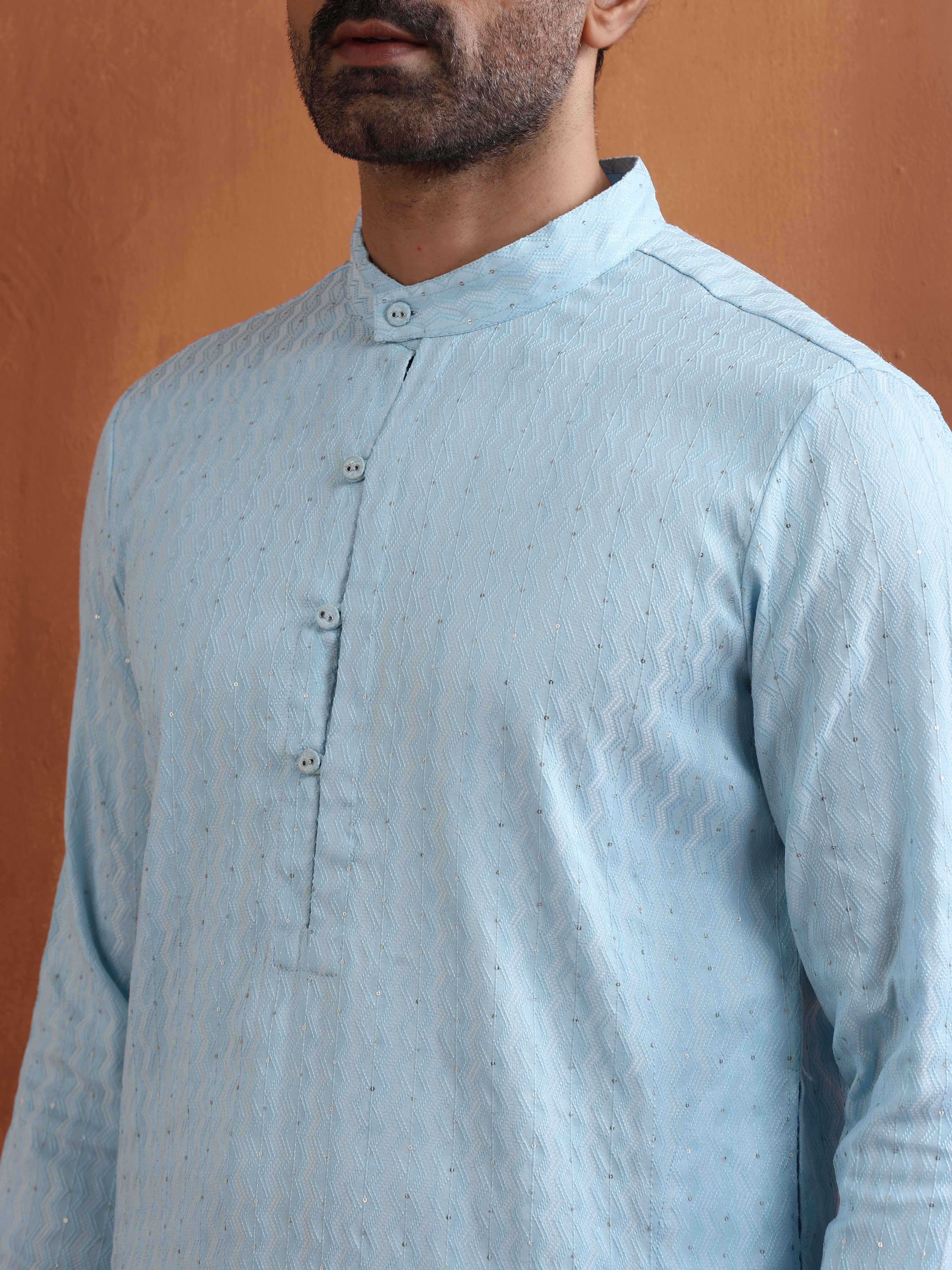 trueBrowns Men's Blue Sequin Chanderi Kurta - view 5