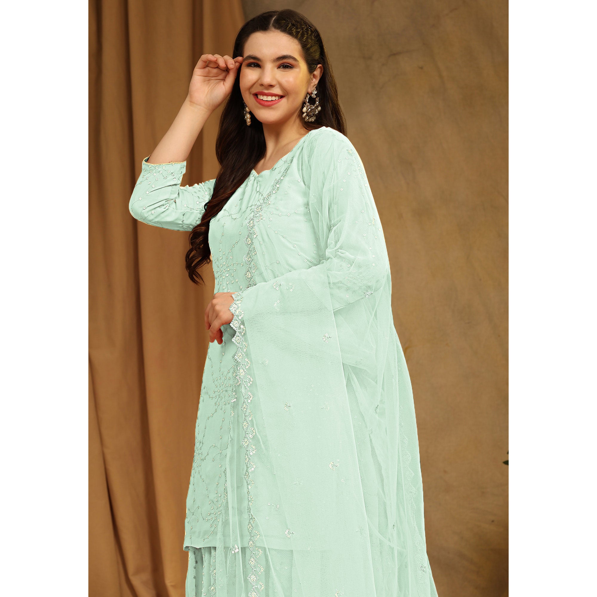 BlackTree green-embroidered-georgette-semi-stitched-sharara-suit-1 - view 8