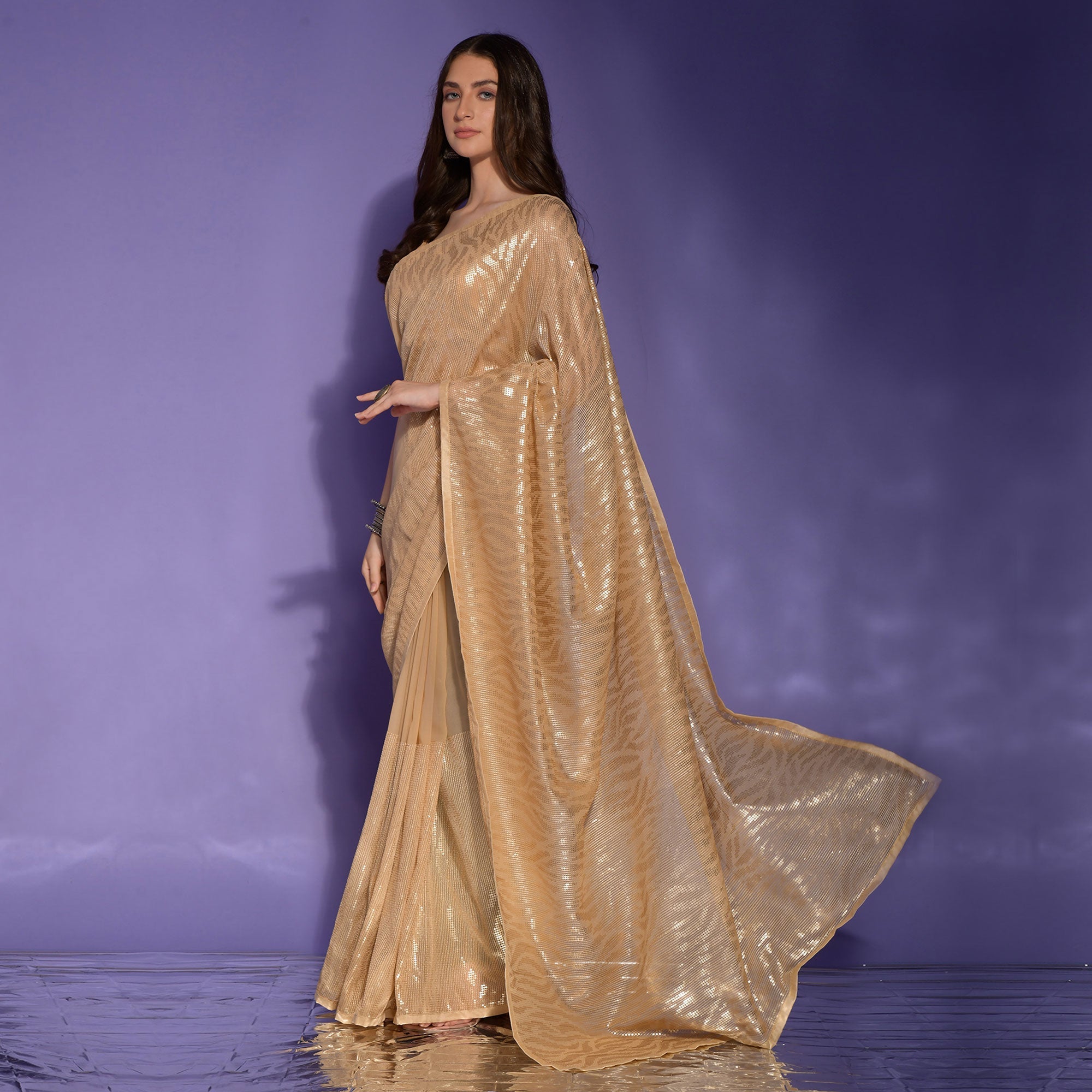 Peachmode Cream Sequins Embroidered Georgette Saree - view 2