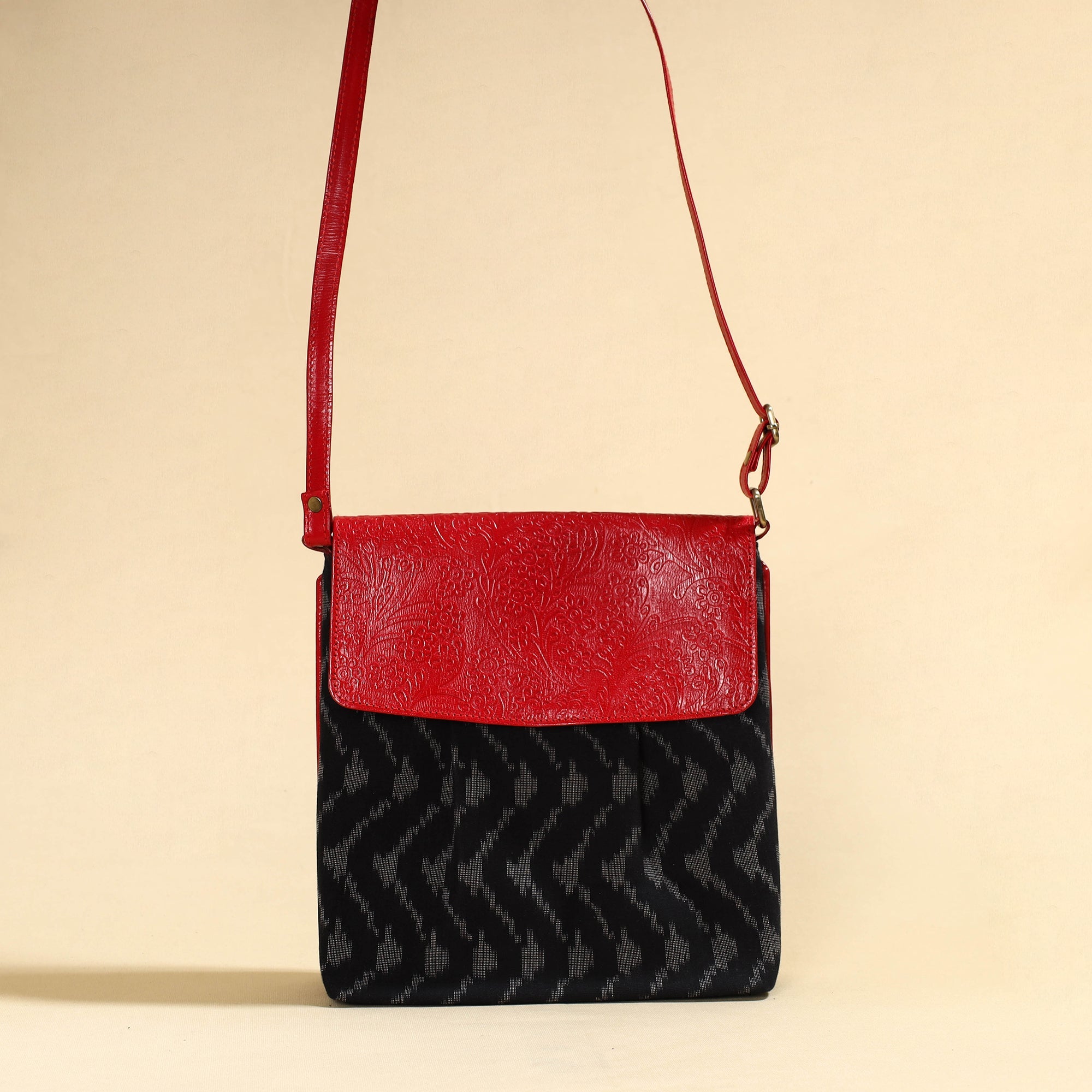 ASALKAAR Black - Handcrafted Ikat Fabric Sling Bag with Embossed Leather Flap