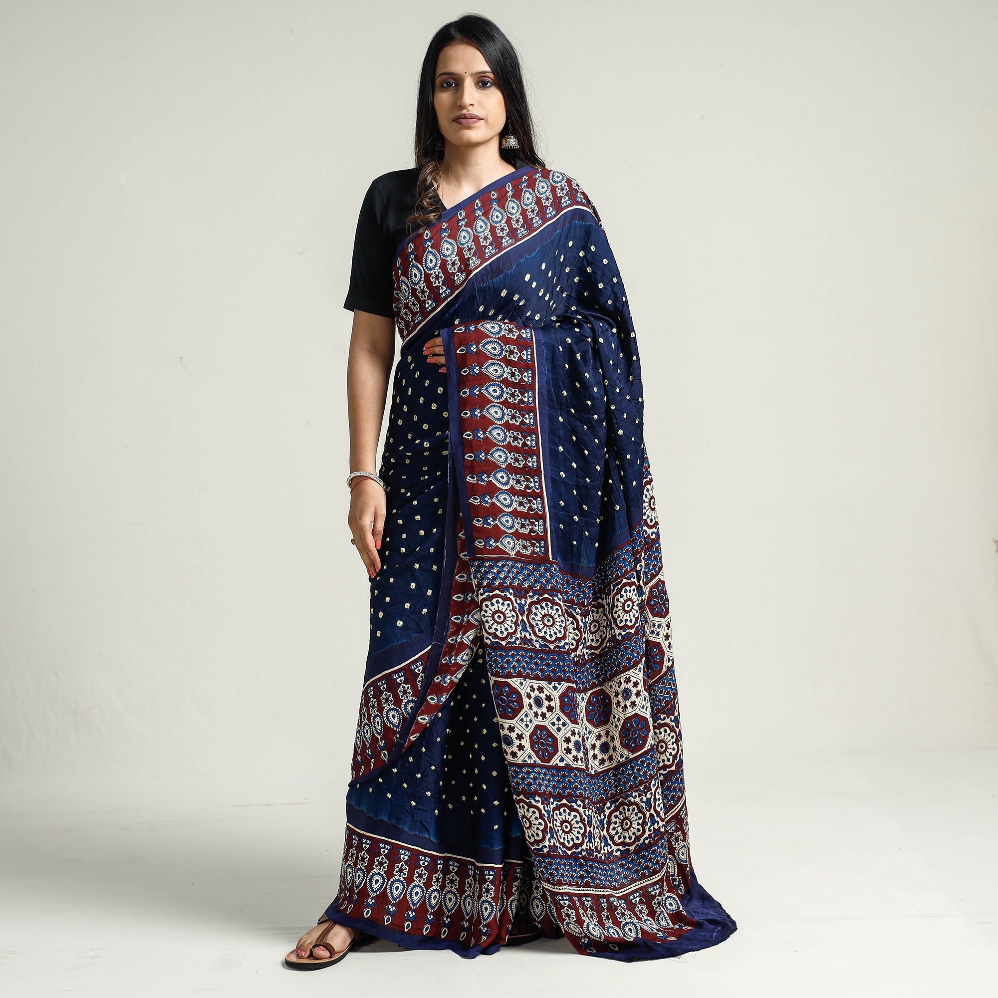 KACHCHH JI CHHAAP Blue - Bandhani Block Printed Ajrakh Modal Silk Saree
