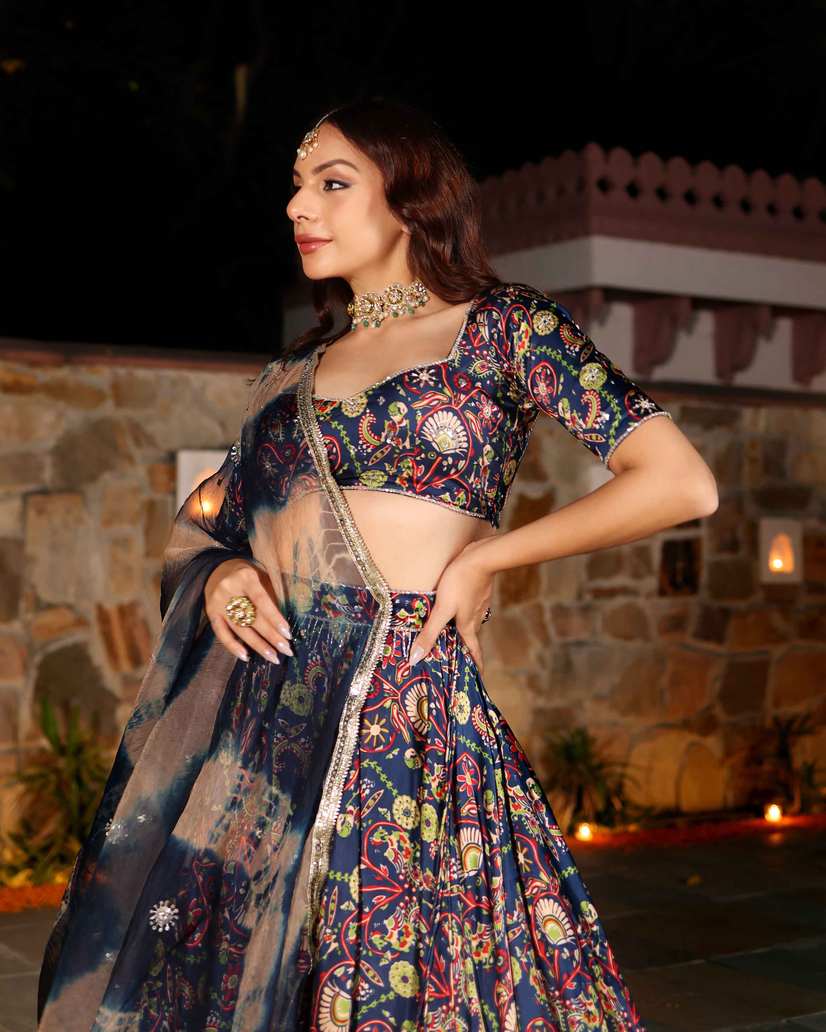Aachho Laaya Blue Printed Hand Embroidered Satin Lehenga Set - view 7