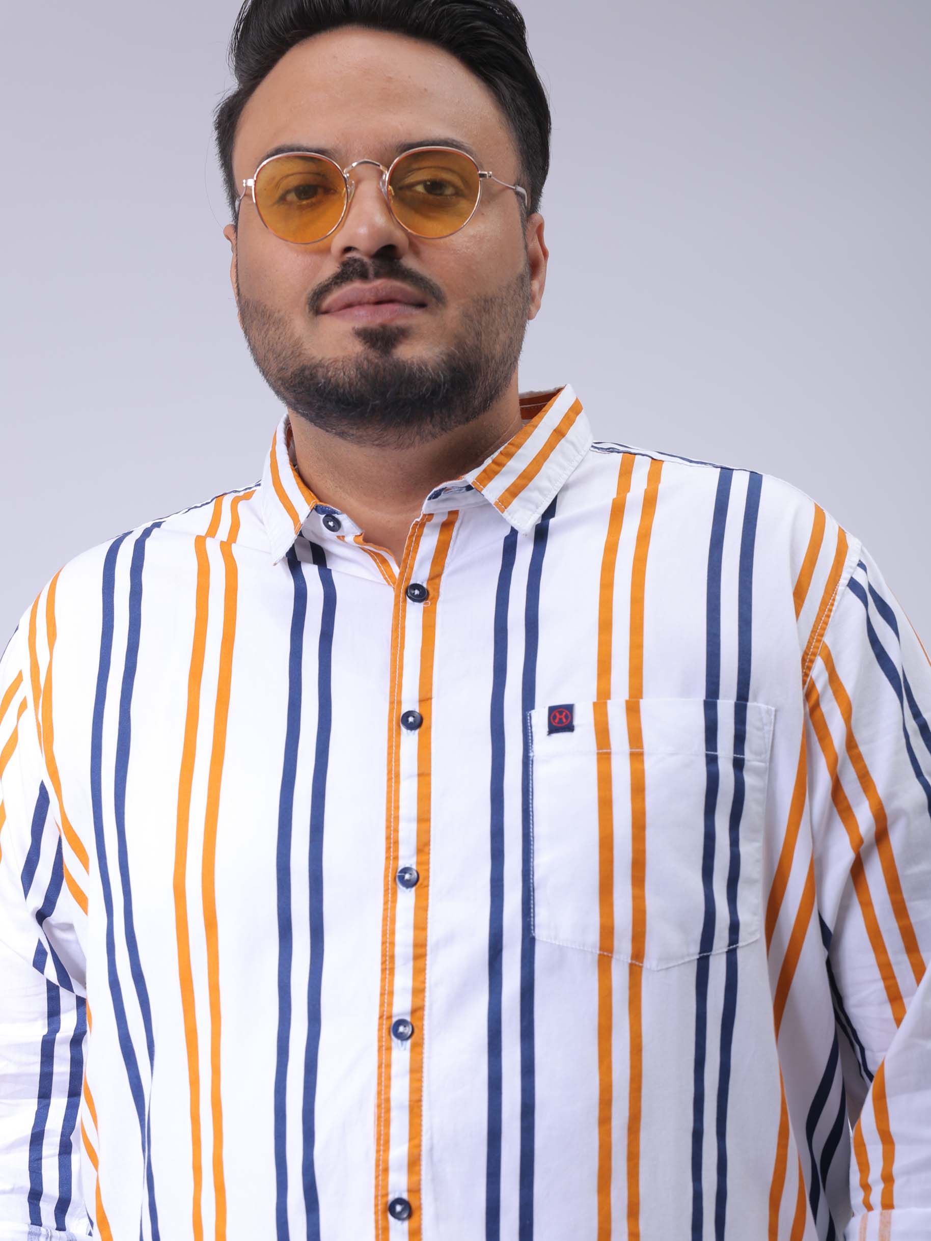HARDSODA Men's Plus Size White Regular Fit Vertical Striped Casual Shirt