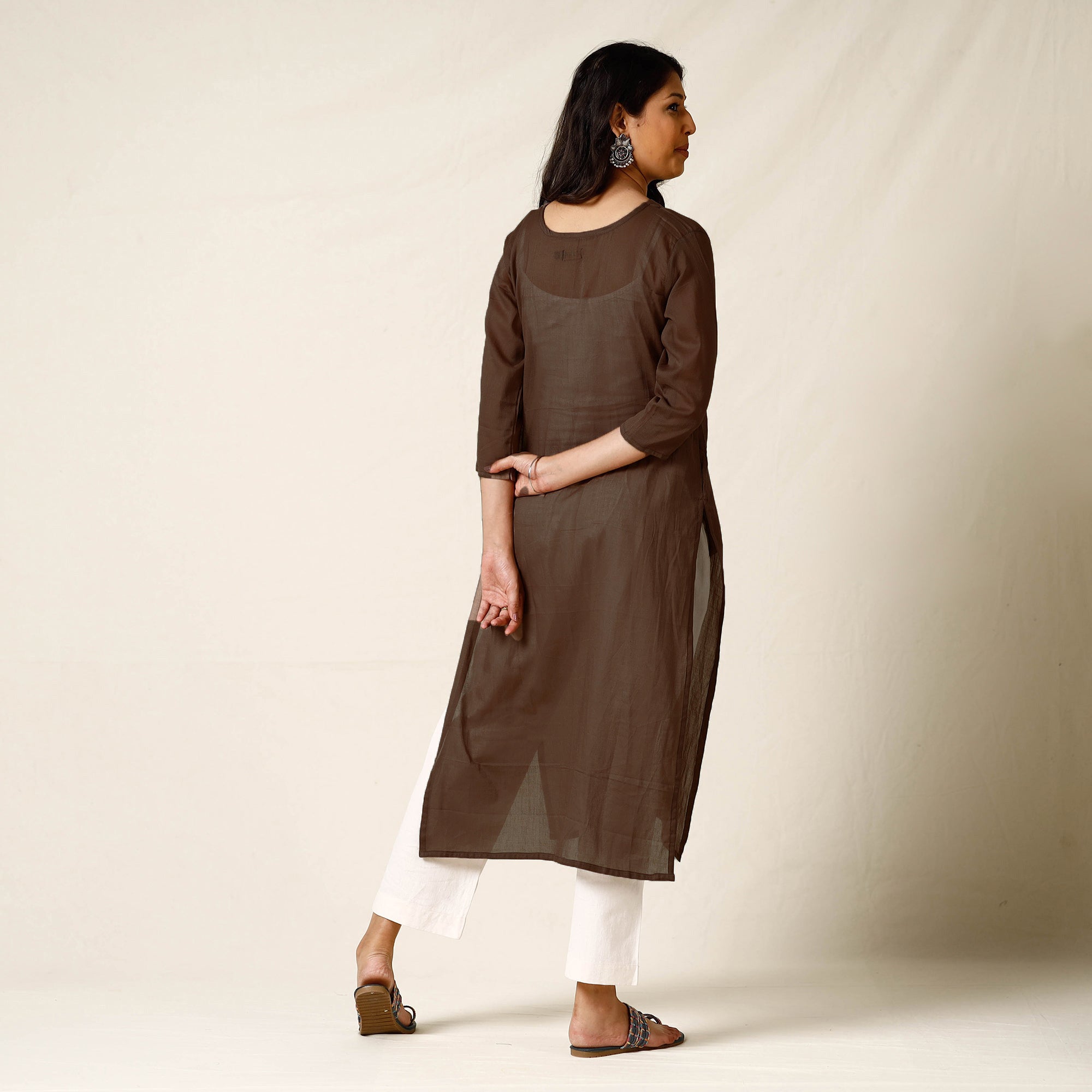 Brown - Mulmalai Cotton Plain Dyed Straight Long Kurta 31 - view 6