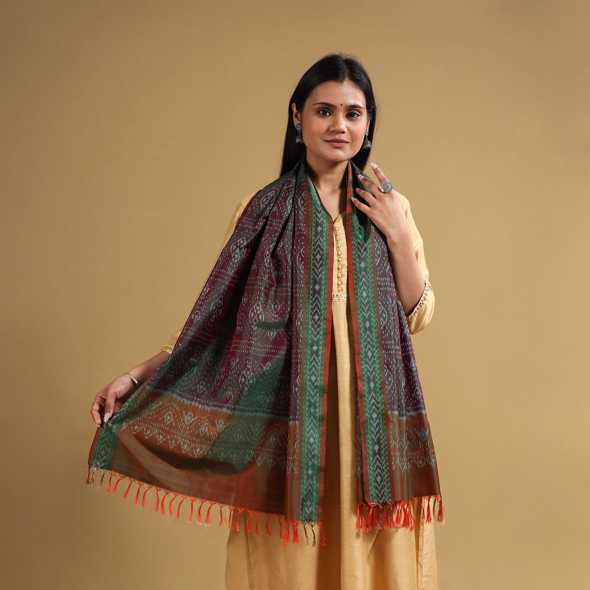 POCHAMPALLY IKAT WEAVES BY GOVARDHAN Brown - Handloom Mulberry Silk Pochampally Ikat Stole 12