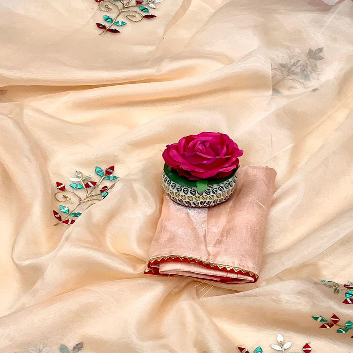 Peachmode Cream Embellished With Embroidered Organza Saree - view 2