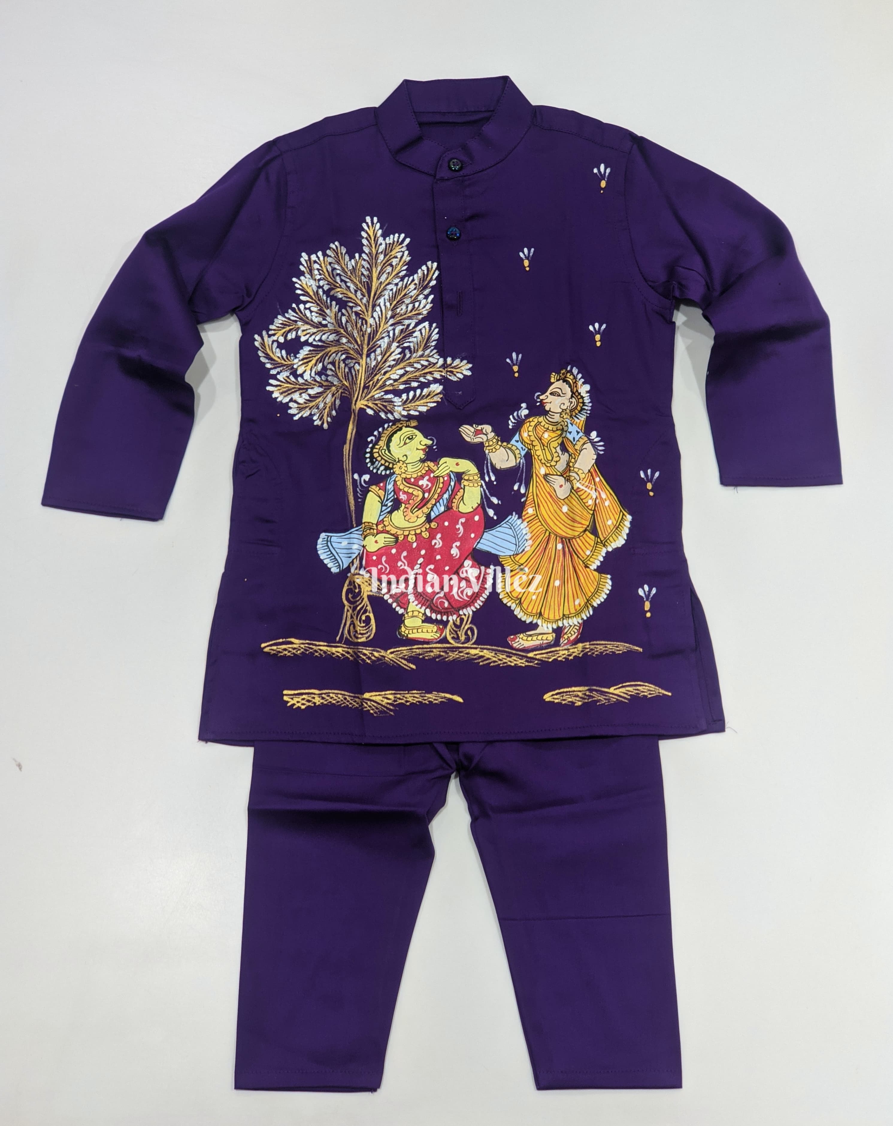 IndianVillèz Dark Purple Boys Nartaki Theme Pattachitra Kids Kurta & Pyjama Set