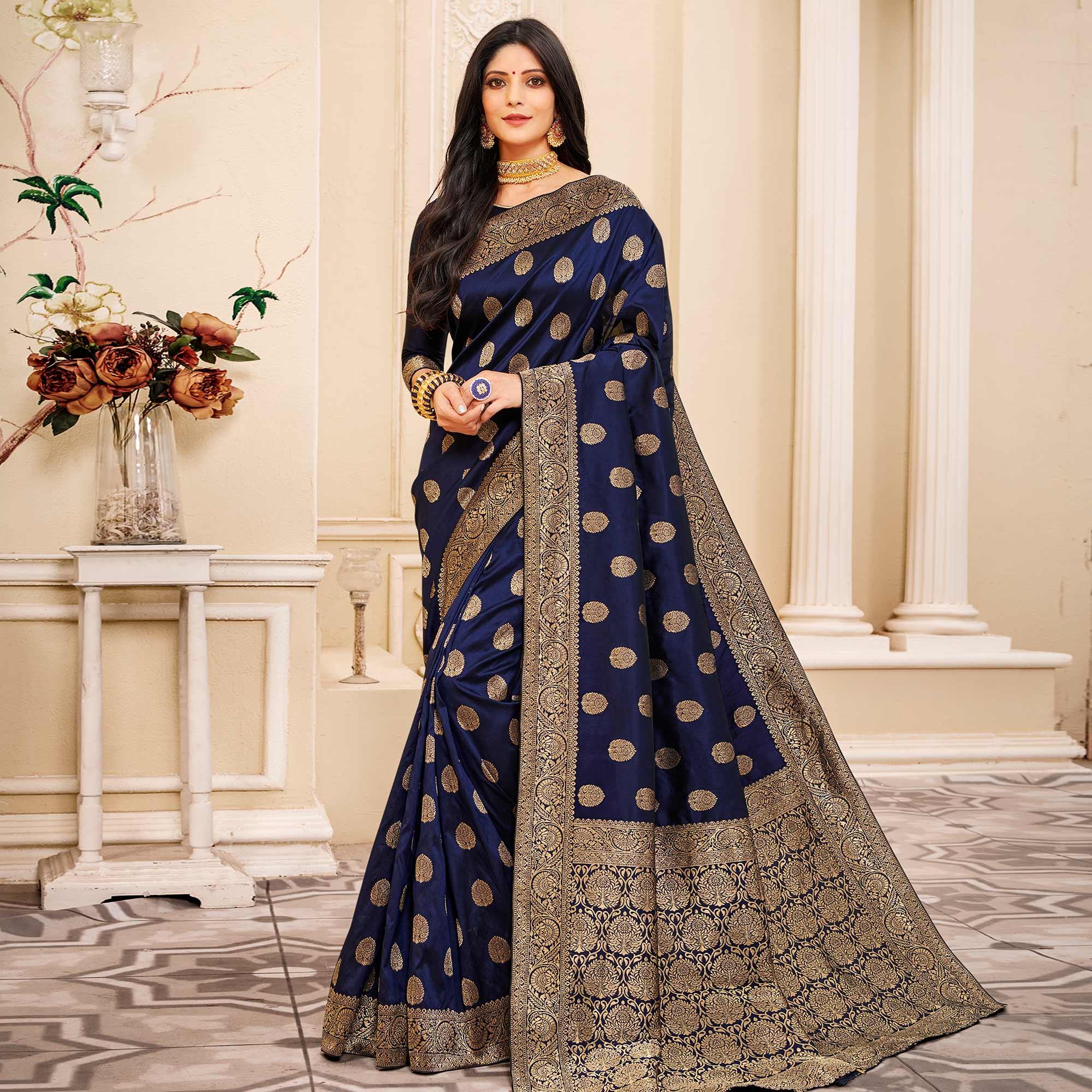 Peachmode Energetic Navy Blue Colored Festive Wear Woven Banarasi Silk Saree