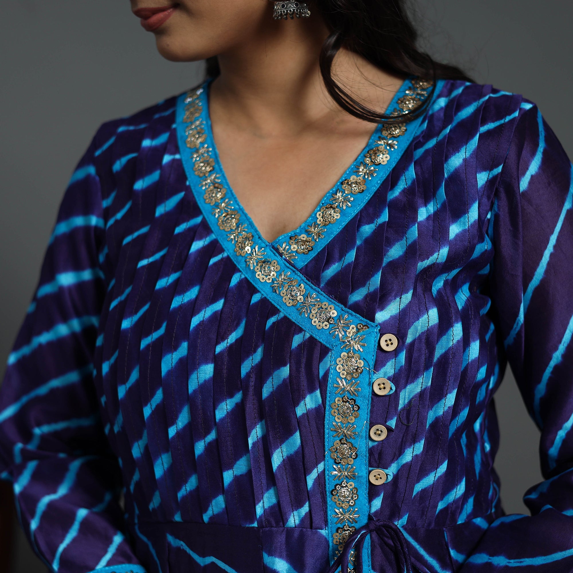ITOKRI CASUALS Blue - Angrakha Handloom Chanderi Silk Tie-Dye Leheriya Kurta 03 - view 4