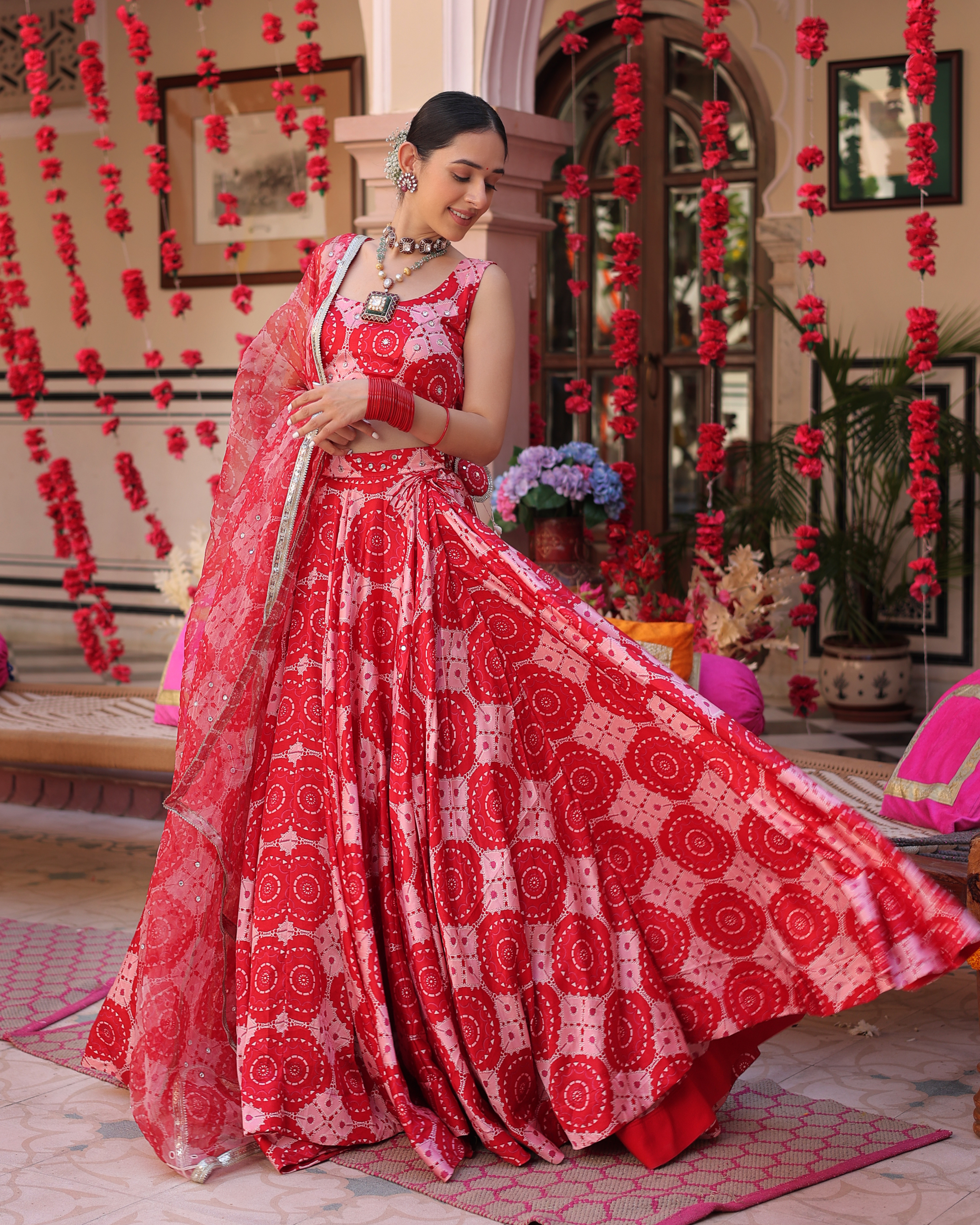 Aachho Ruby And Cream Rhapsody Printed Satin Lehenga Set