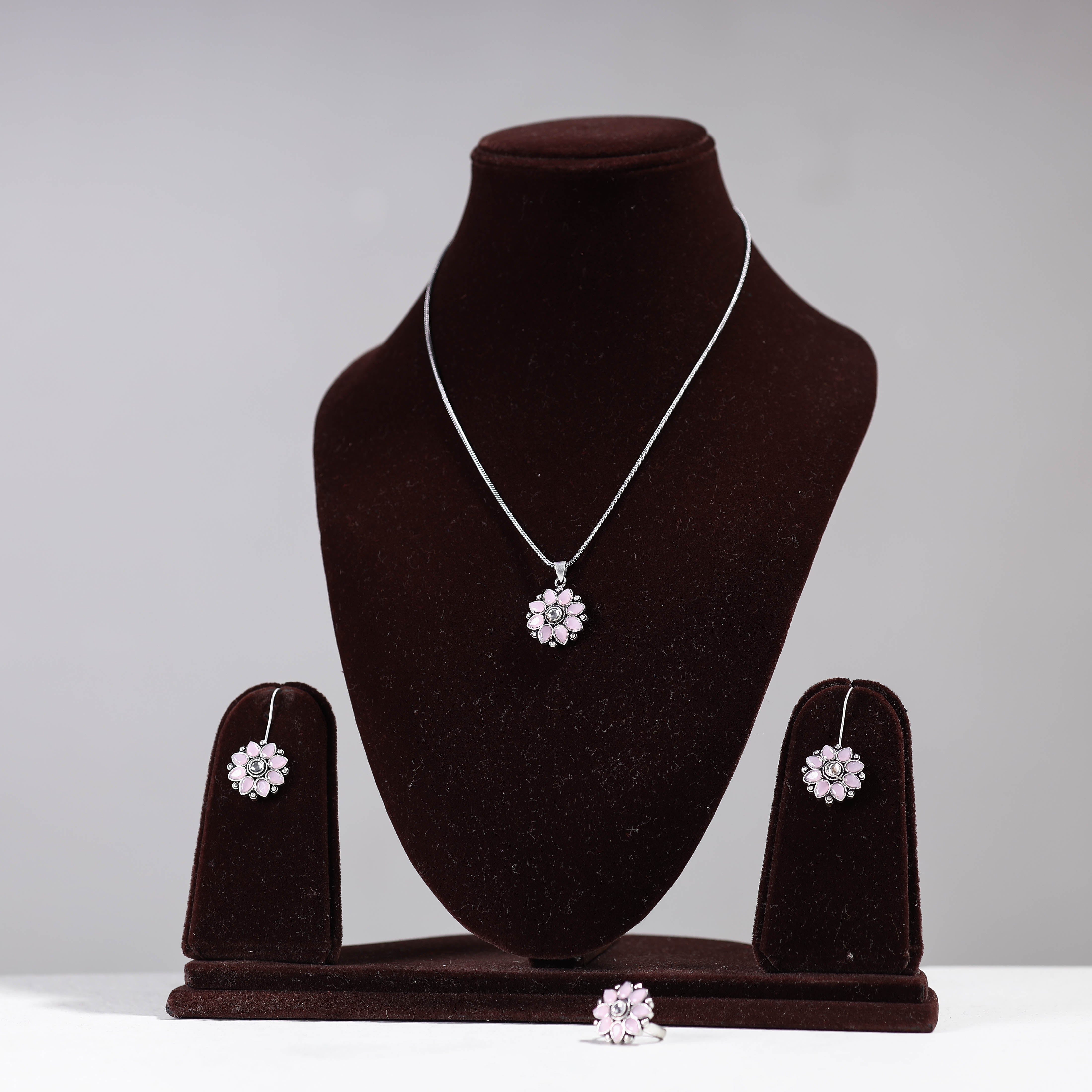 WHITE RIVER STORIES Antique Silver Finish Oxidised Brass Base Stone Work Necklace Set with Ring