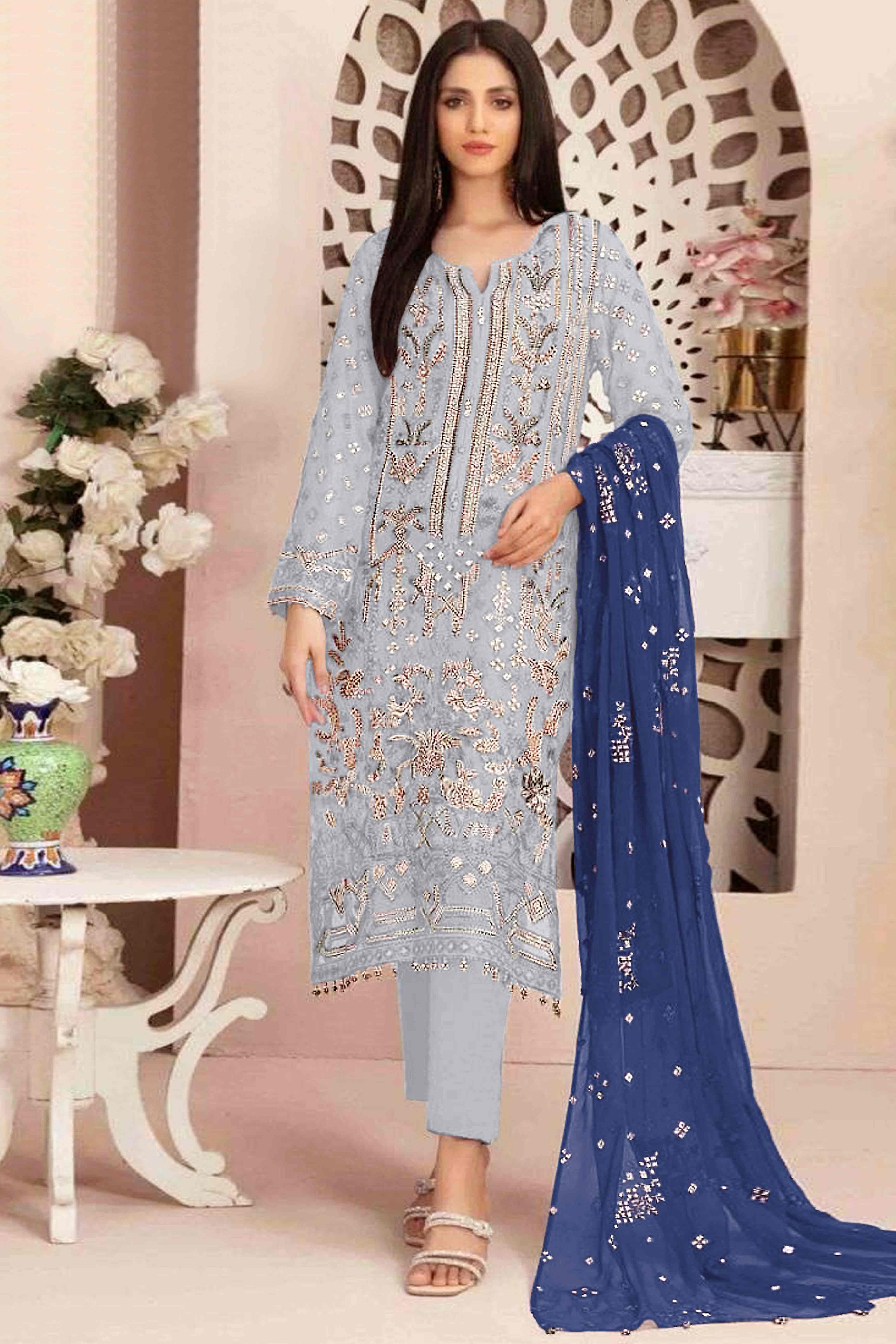 Peachmode Greyish Blue Floral Embroidered With Handwork Georgette Semi Stitched Pakistani Suit