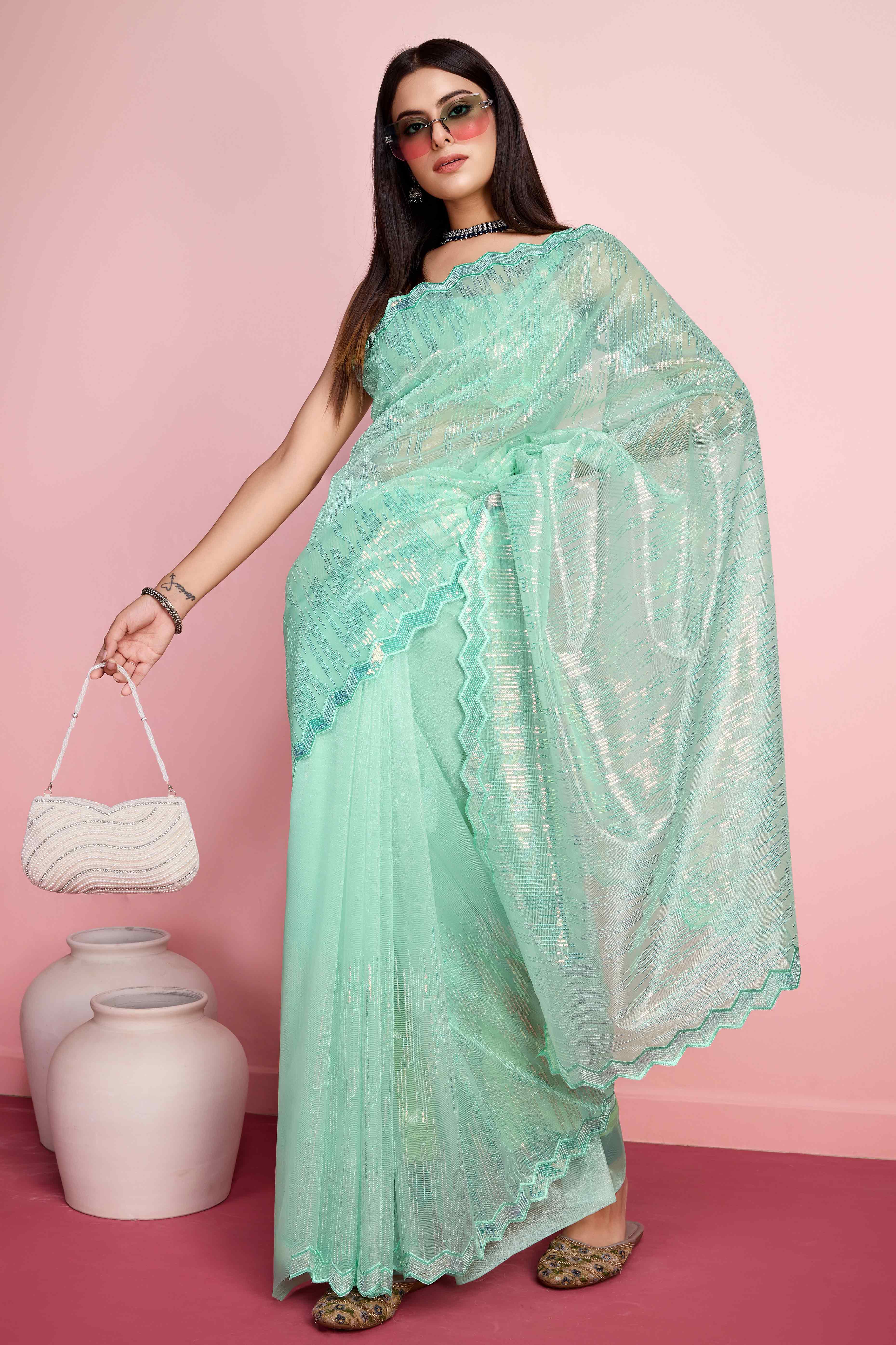 Peachmode Foam Sea Green Sequins Embroidered Silver Twill Net Saree