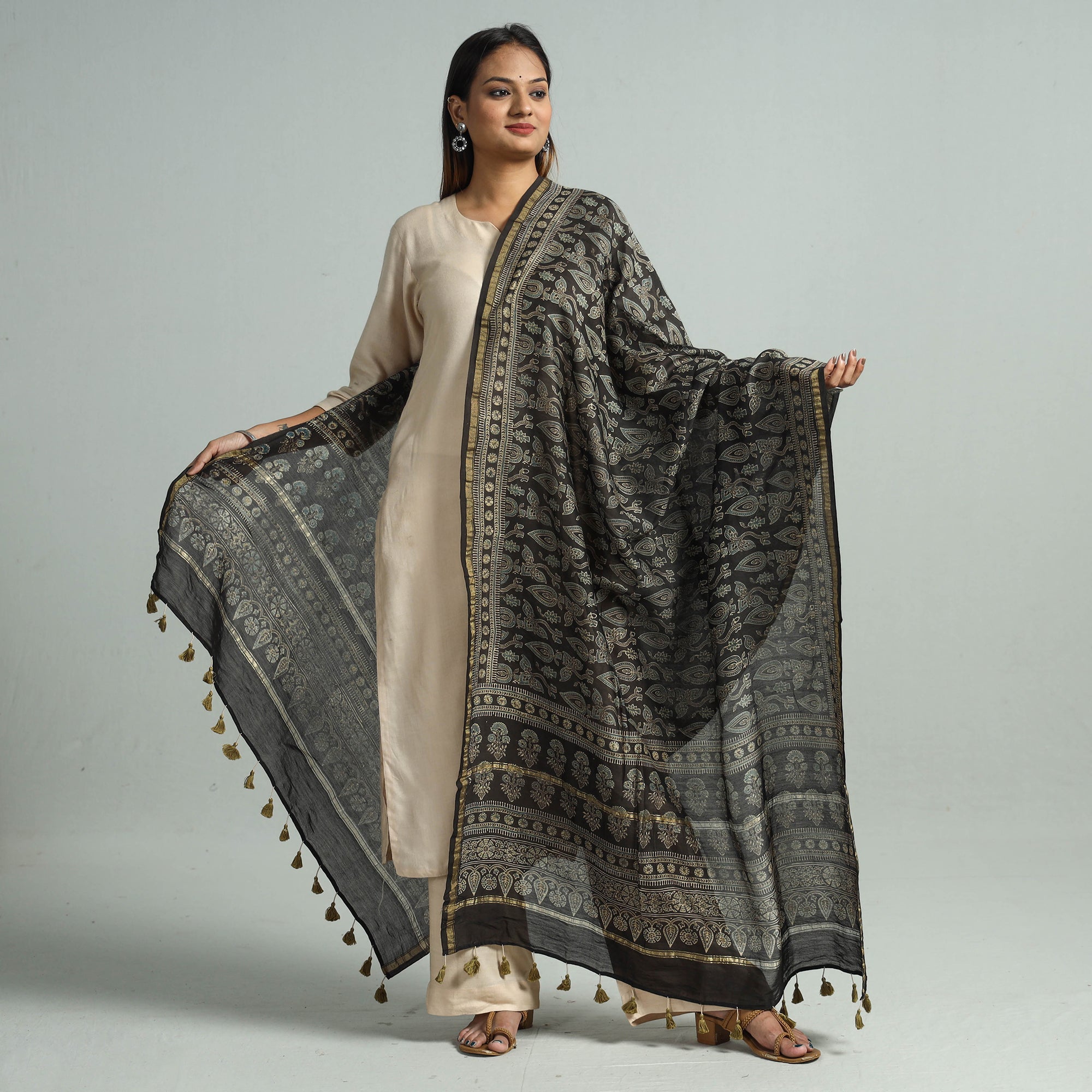 KACHCHH JI CHHAAP Black - Hand Block Print Chanderi Silk Ajrakh Dupatta 77