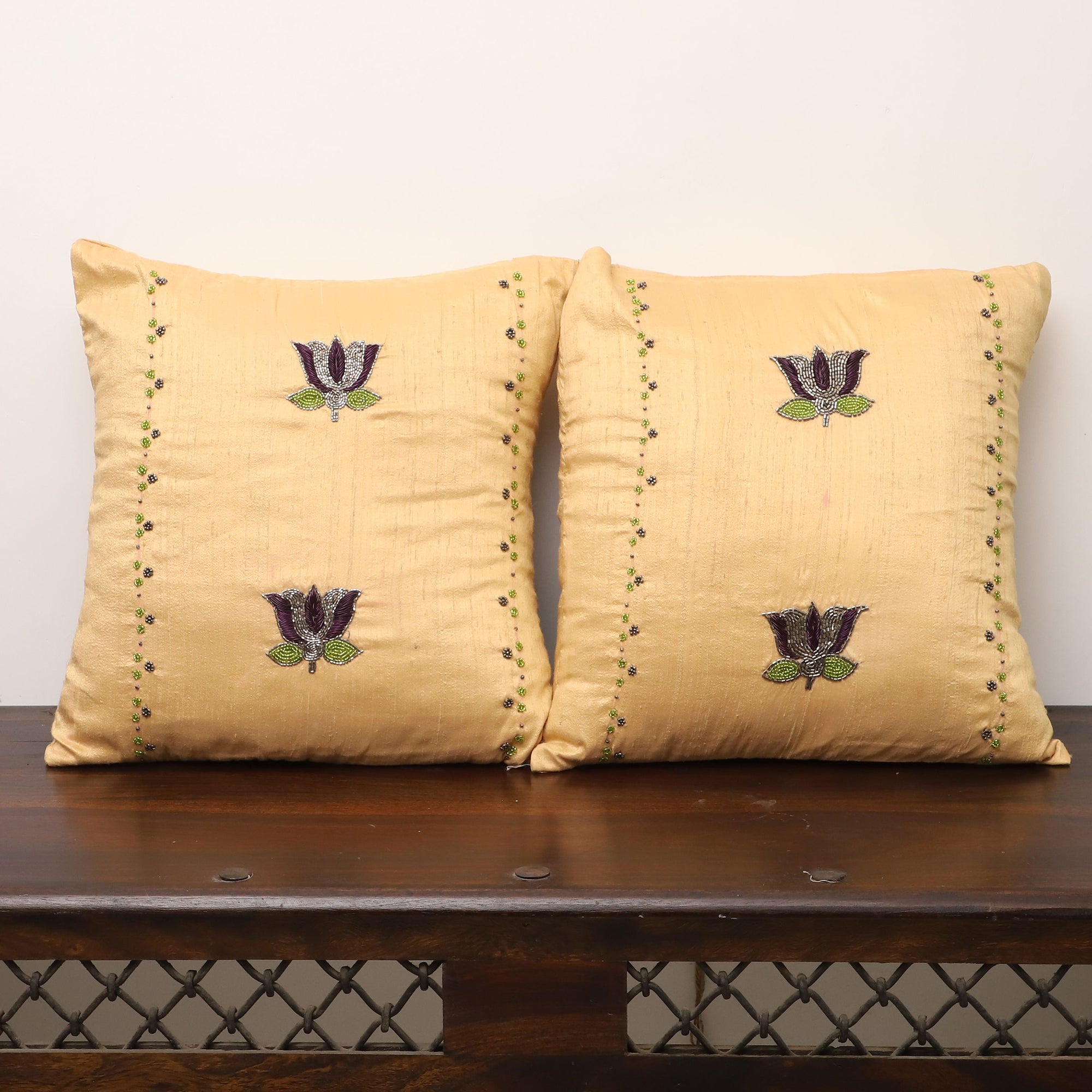 TICS Beige - Lotus Buta - Sequin & Beadwork Raw Silk Cushion Cover (Set of 5)