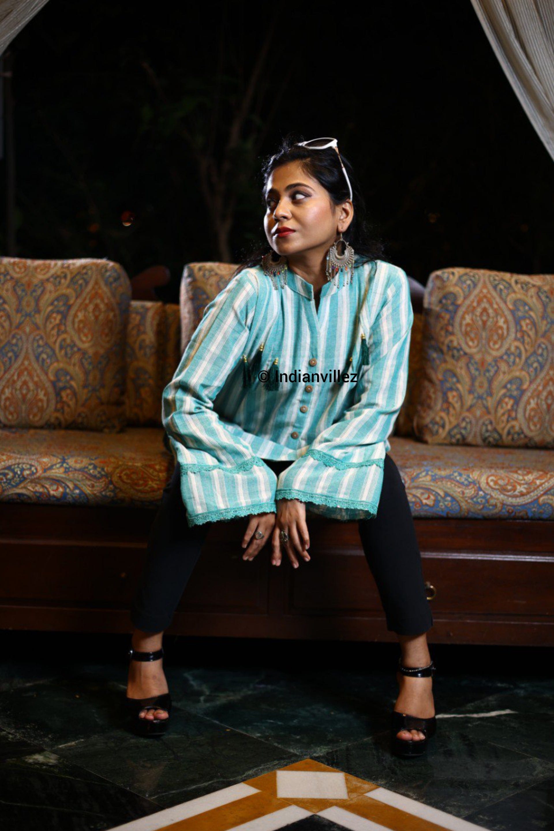 IndianVillèz Green & White Stripes Kotpad Organic Cotton Short Kurti - view 4