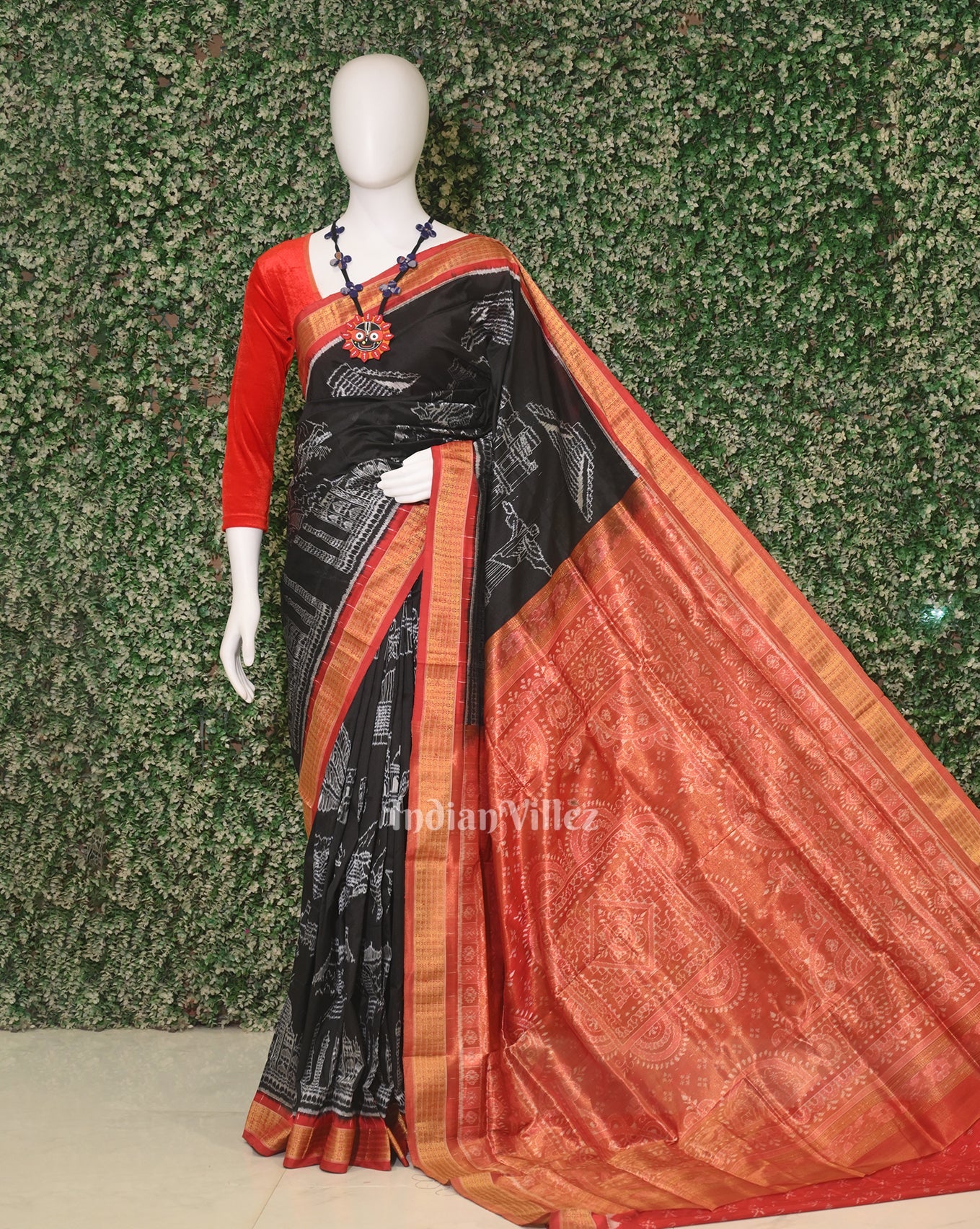 IndianVillèz Pure Black Half Tissue Sambalpuri Silk Saree ( 7 Wonders of the World)