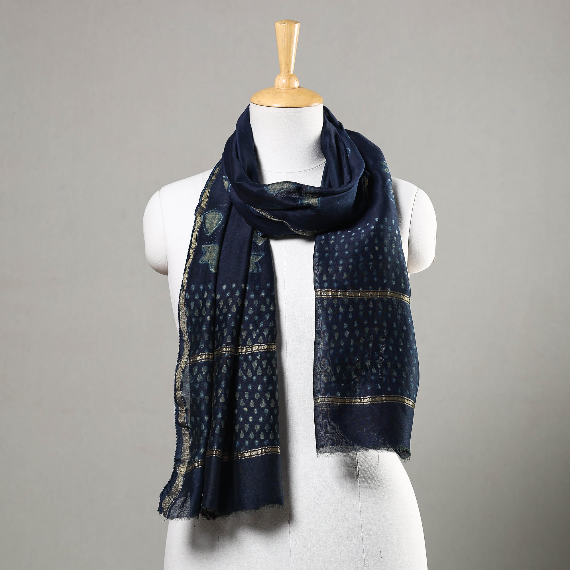 HAVELI CHRONICLES Blue - Akola Block Printed Chanderi Silk Handloom Stole with Zari Border