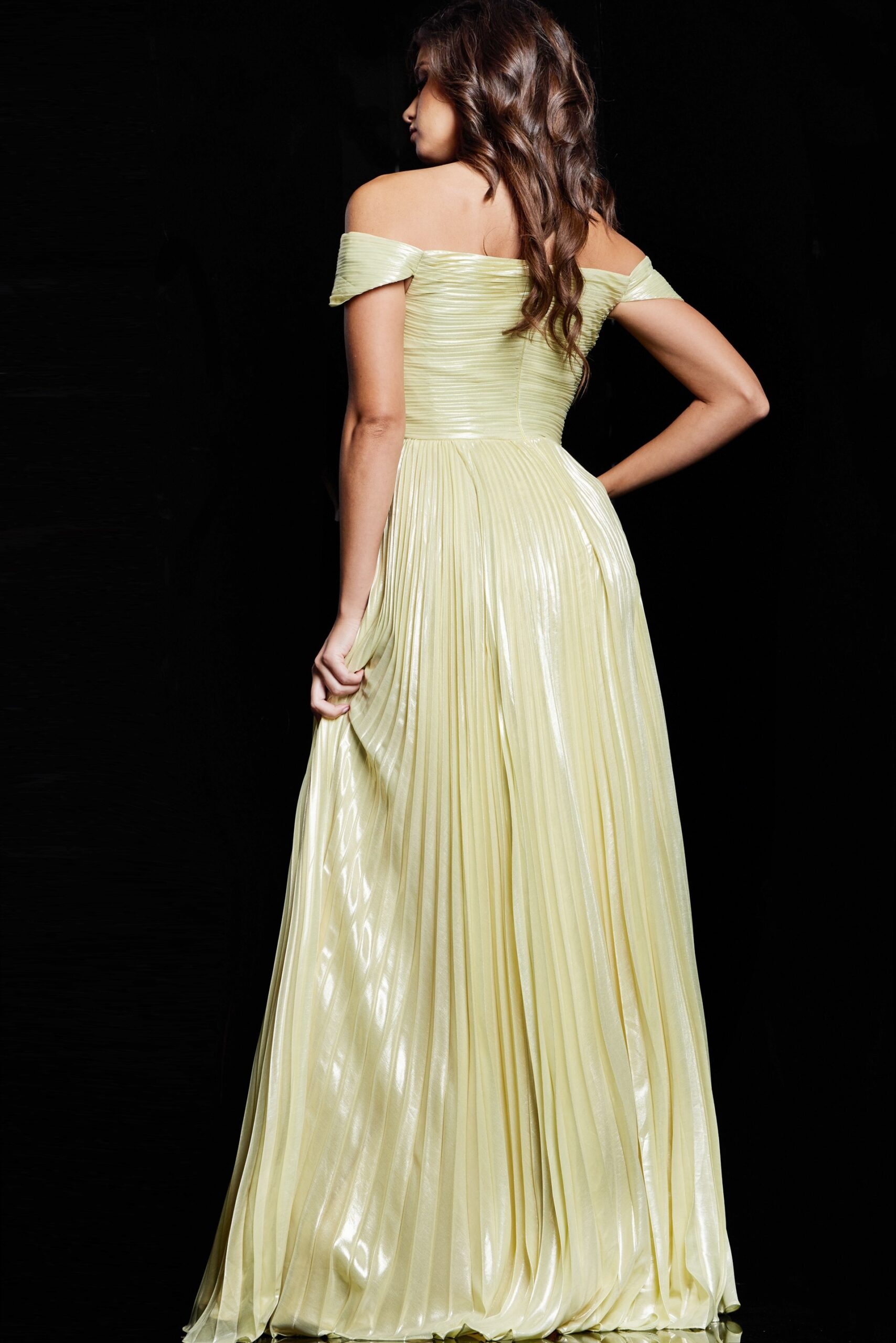 Metallic Off Shoulder A-line Slit Gown by Jovani 37389 - view 2