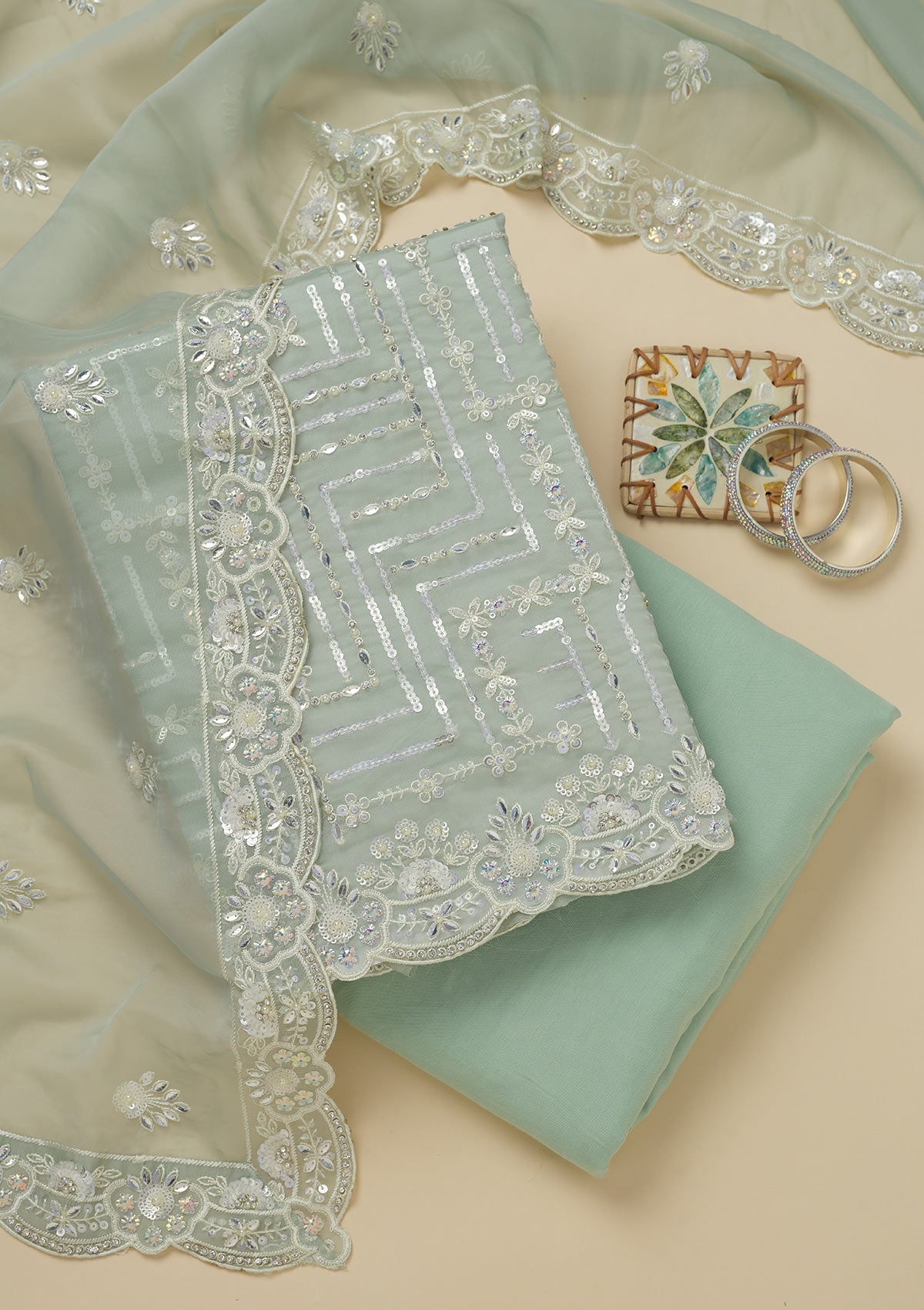 Koskii Sea Green Sequins Organza Unstitched Salwar Suit