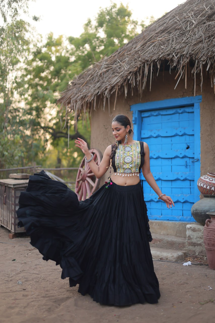 ClothsVilla Black Traditional Reyon Lehenga Set with Embroidered Blouse and Koti - view 2