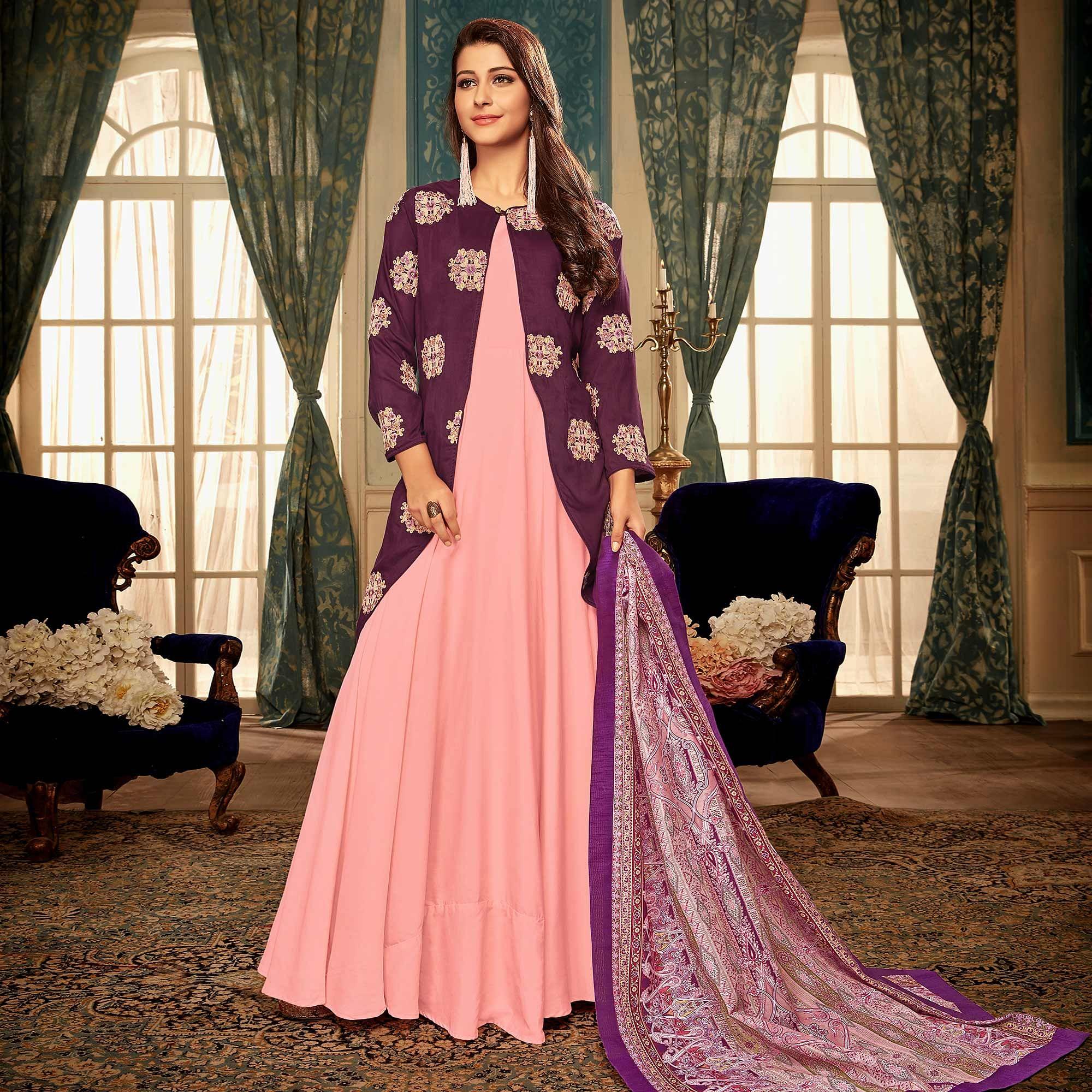 Peachmode Seller Lovely Peach Colored Partywear Embroidered Heavy Muslin Gown