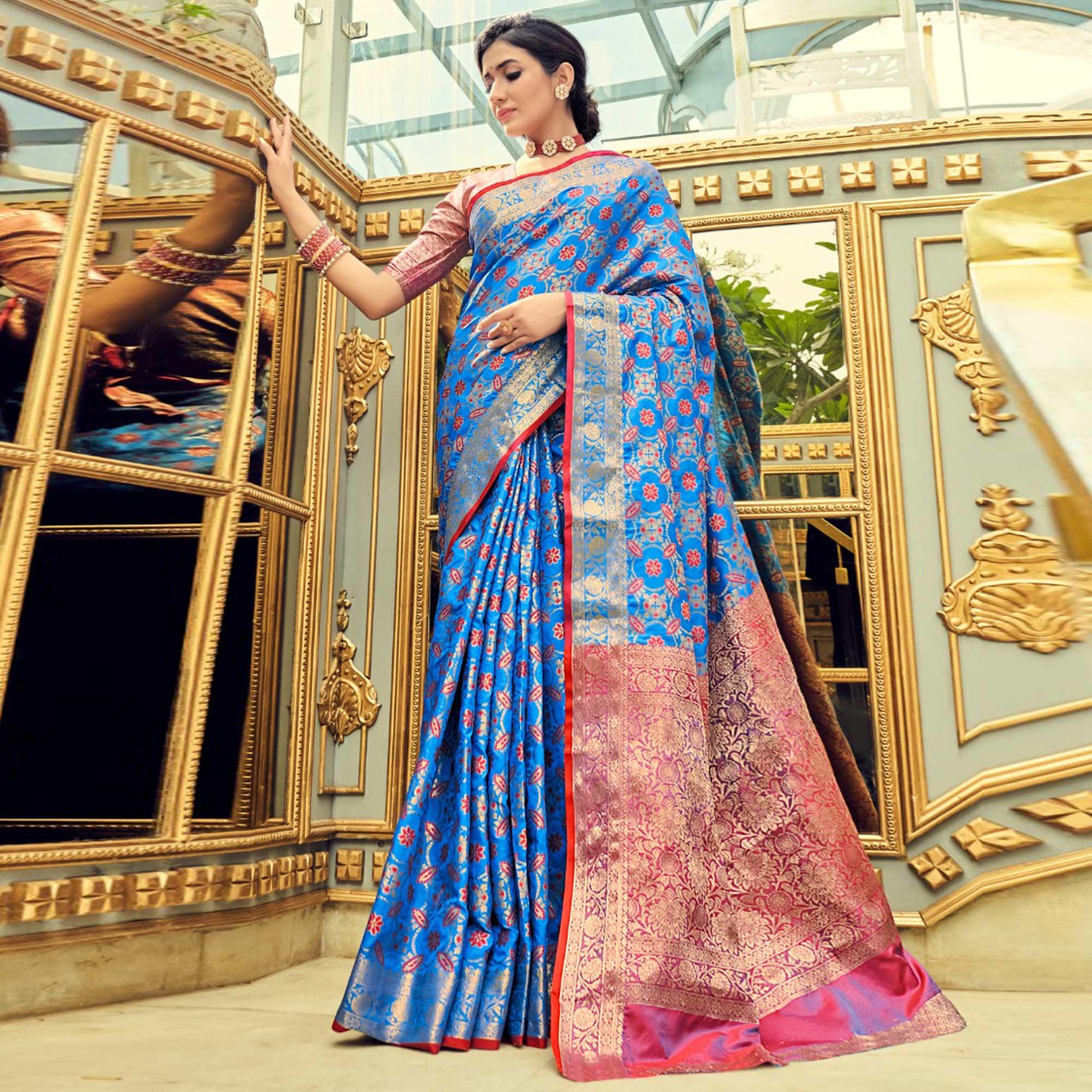 Peachmode Firoji-Blue Festive Wear Woven Zari Potola Silk Saree