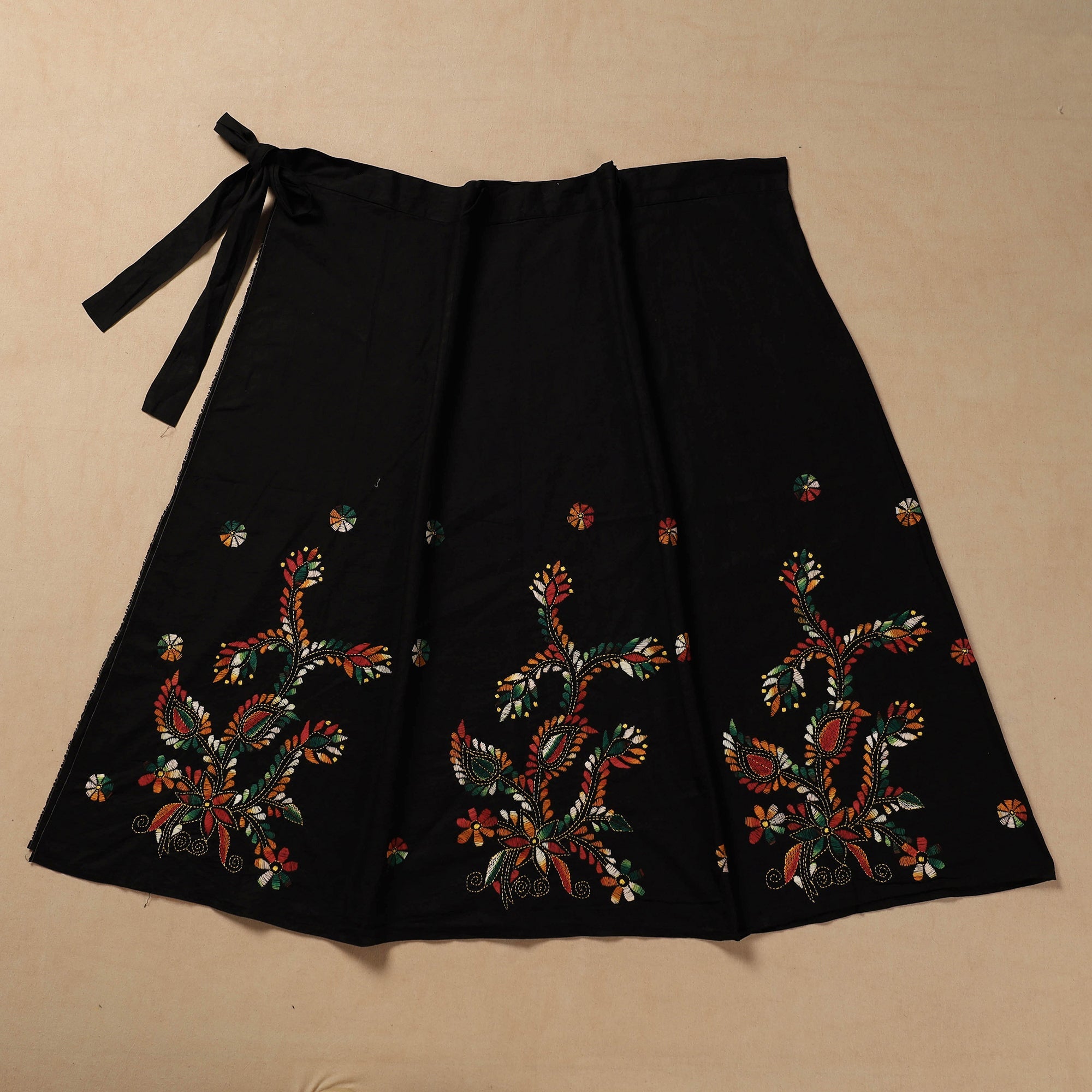 KHUSHBASH - HAPPY LOOM OF EAST Black - Bengal Kantha Embroidery Cotton Wrap Around Skirt - view 2