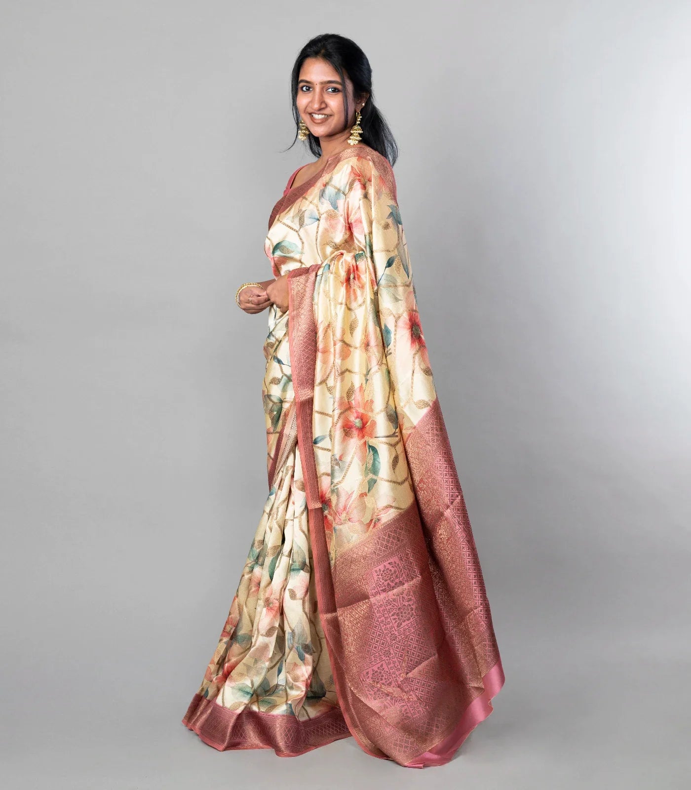RmKV Cream Woven Dola Synthetic Saree With Printed Floral Motifs - view 3