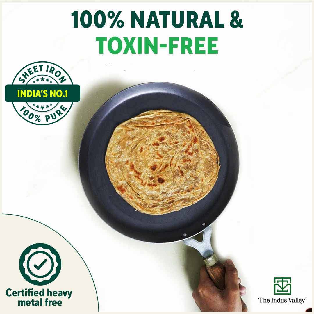 The Indus Valley 100% Pure Sheet Iron Tawa, Wooden Handle, Seasoned, Toxin-free, Induction, 26cm, 1kg - view 5