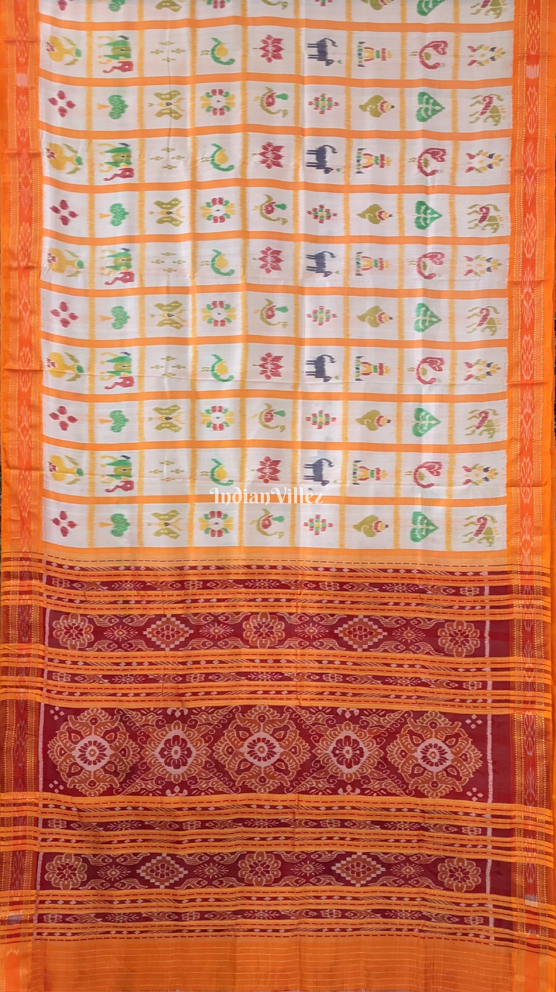 IndianVillèz White Yellow Nabakothi Khandua Silk Pata Saree