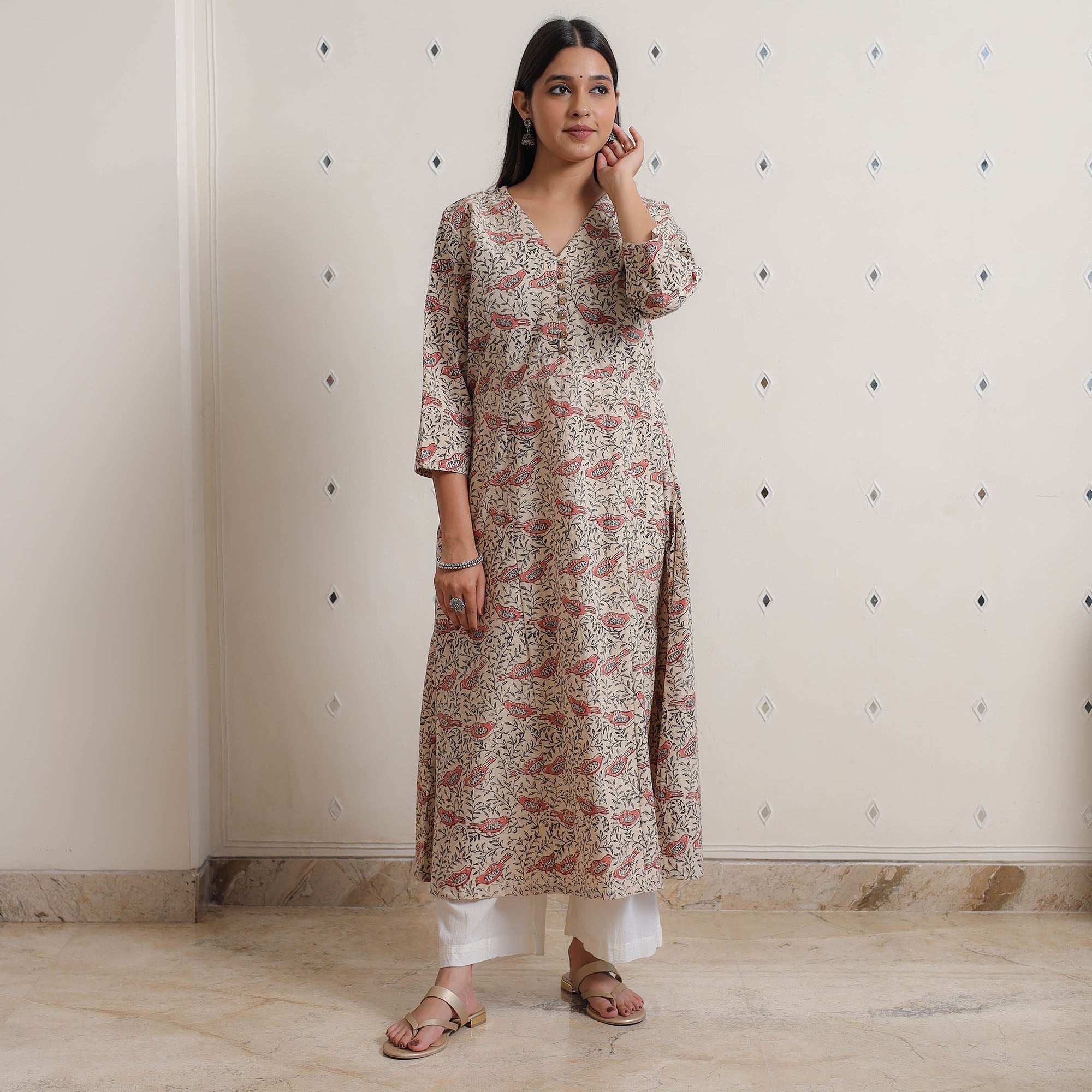 ITOKRI CASUALS Beige - Pedana Kalamkari Block Printed Cotton A-Line Kurta 04 - view 3