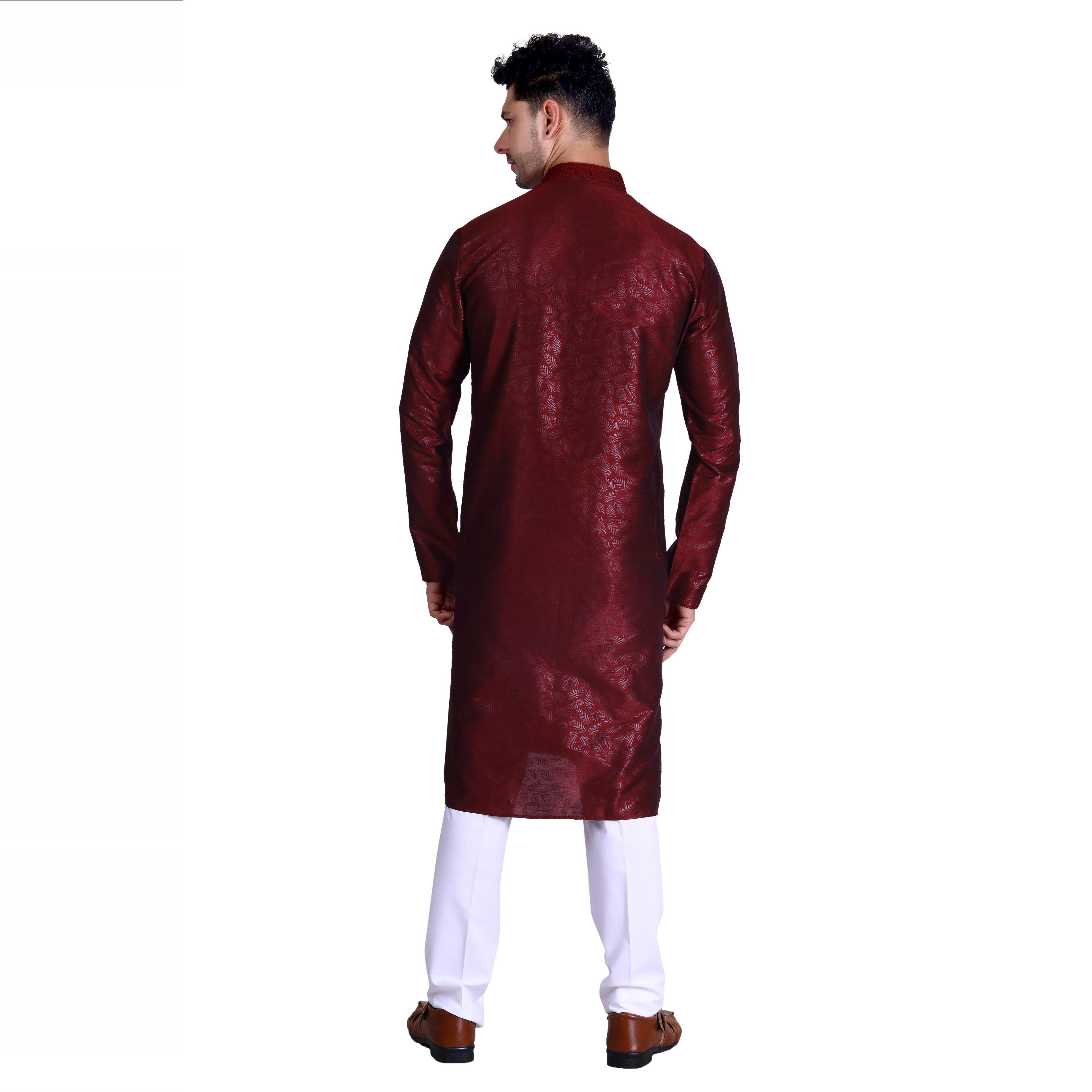Peachmode Seller Maroon Woven Art Silk Men's Kurta Pyjama Set - view 2