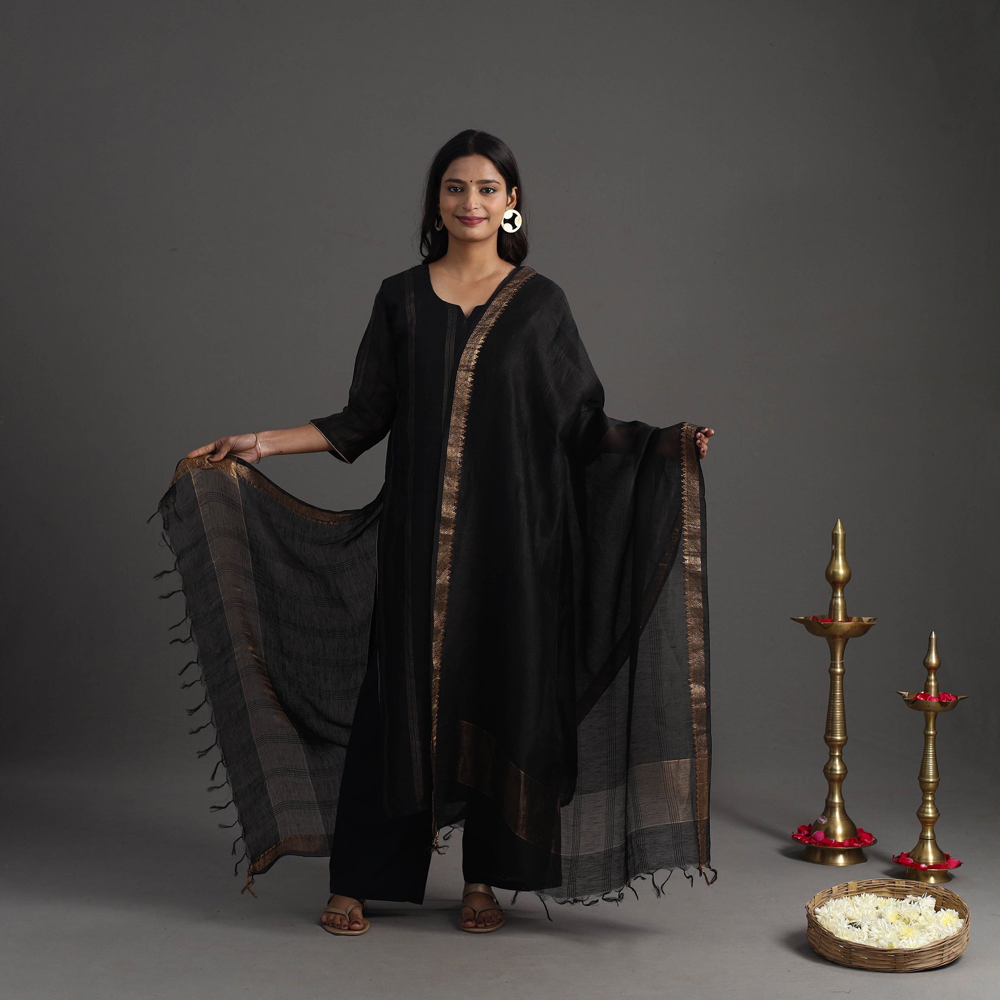 ITOKRI CASUALS Black - Elegant Linen Silk Handloom Plain Kurta Set 04