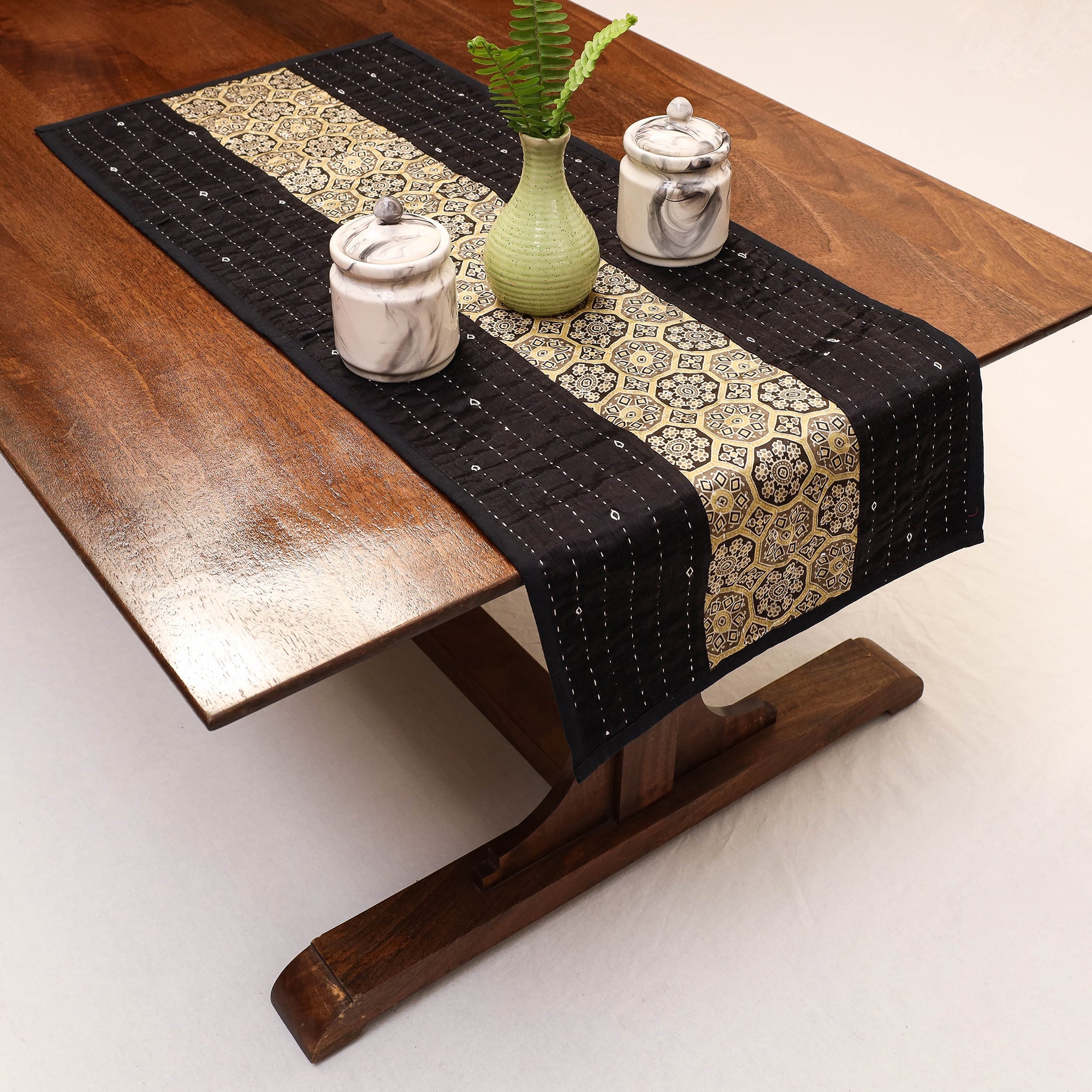 KACHCHH JI CHHAAP Black - Kutch Tagai Embroidered Patchwork Mashru Silk Table Runner (14 x36 in)